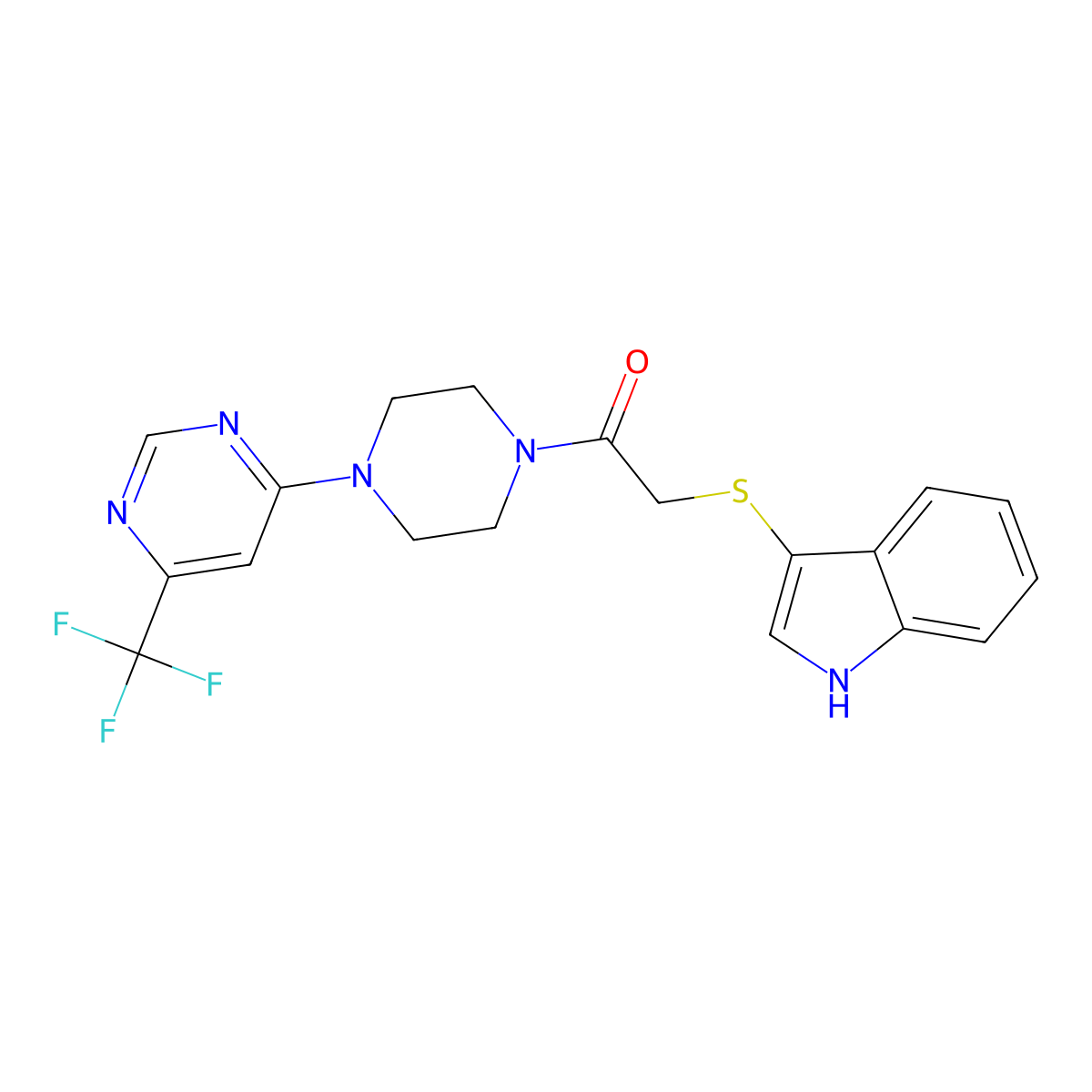 2-((1H-indol-3-yl)thio)-1-(4-(6-(trifluoromethyl)pyrimidin-4-yl)piperazin-1-yl)ethanone molecular structure, CAS 2034343-26-3
