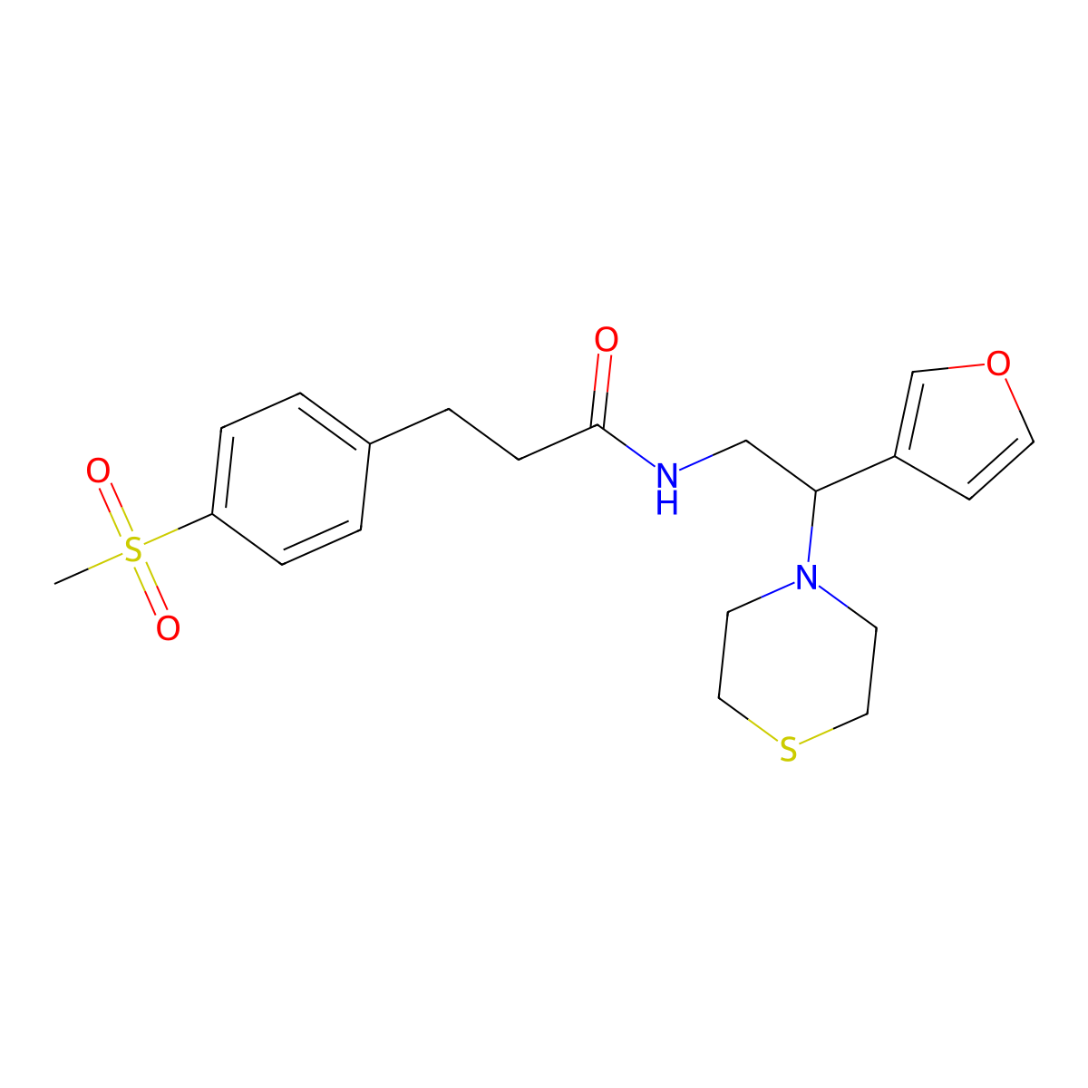 N-(2-(furan-3-yl)-2-thiomorpholinoethyl)-3-(4-(methylsulfonyl)phenyl)propanamide molecular structure, CAS 2034343-27-4