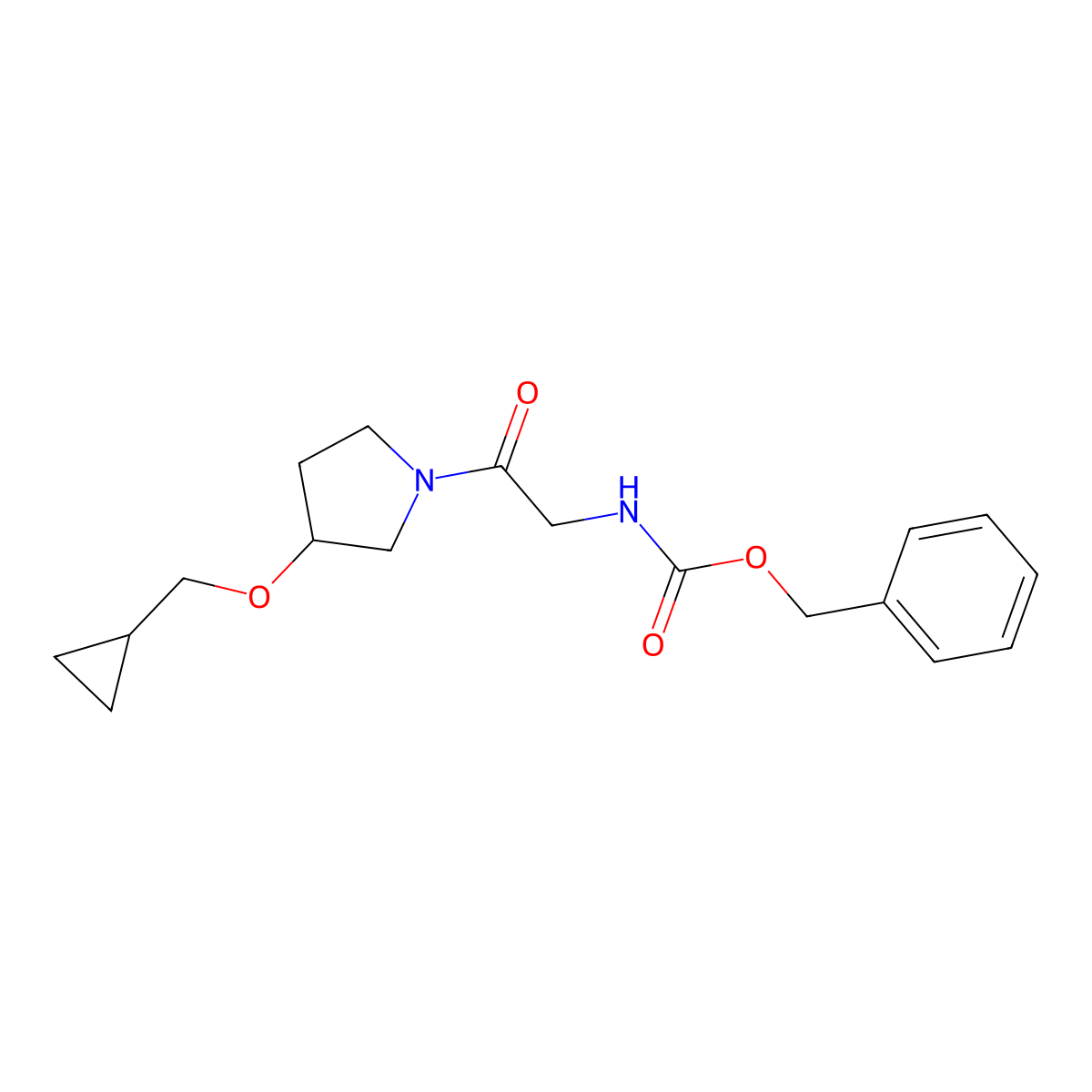 Benzyl (2-(3-(cyclopropylmethoxy)pyrrolidin-1-yl)-2-oxoethyl)carbamate molecular structure, CAS 2034343-28-5