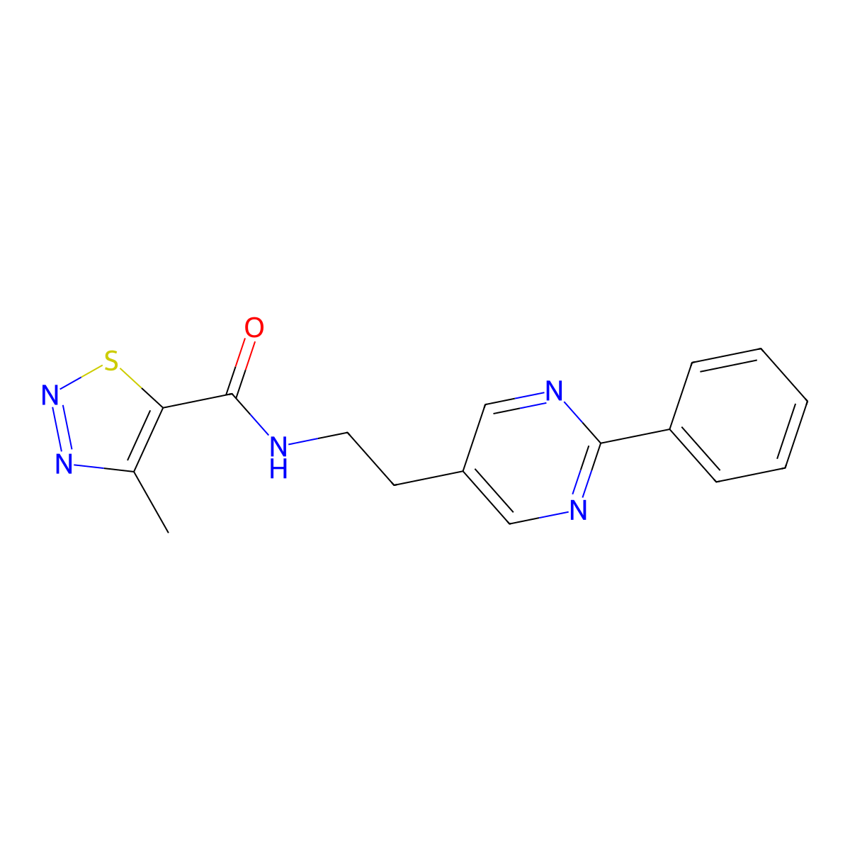 4-methyl-N-(2-(2-phenylpyrimidin-5-yl)ethyl)-1,2,3-thiadiazole-5-carboxamide molecular structure, CAS 2034343-32-1