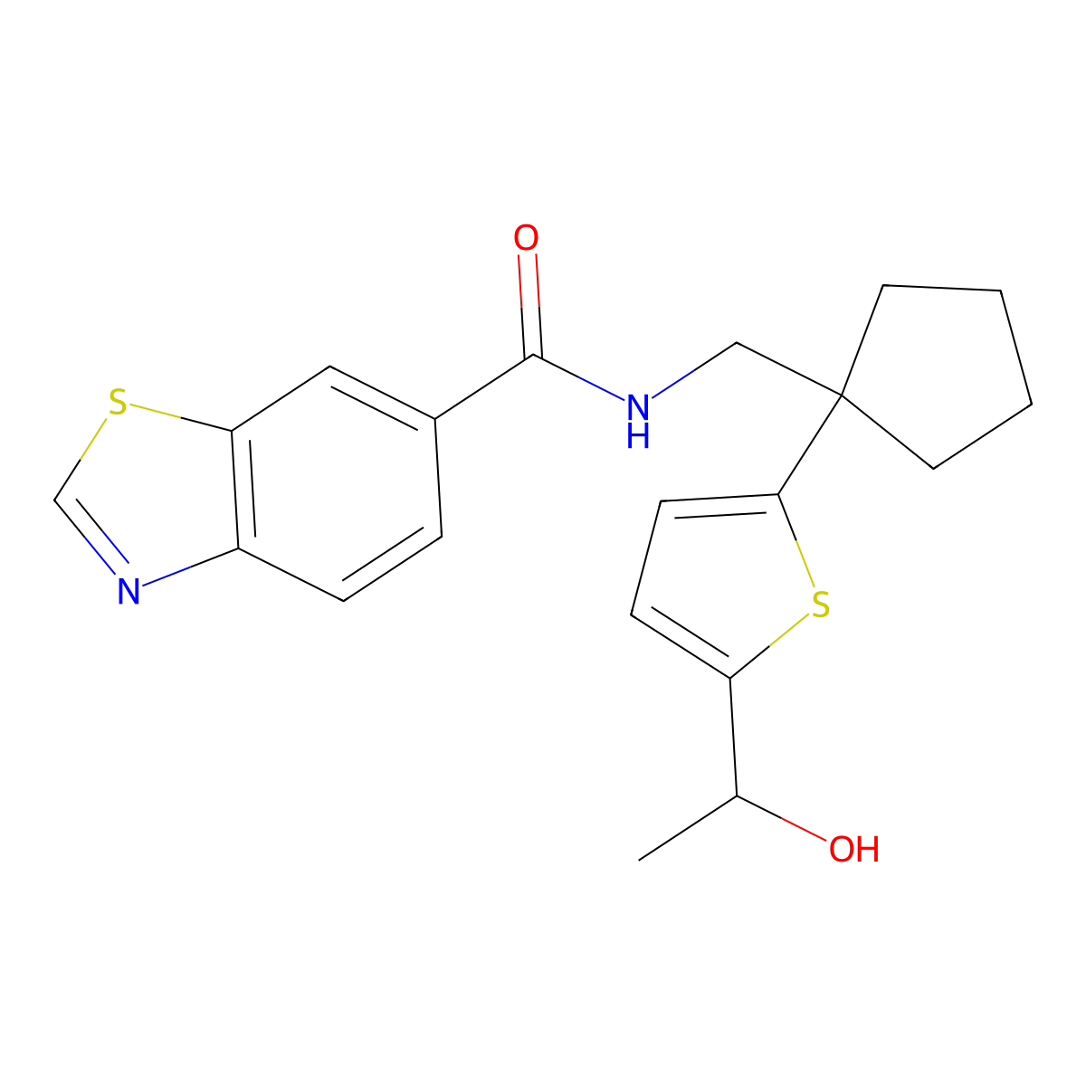 N-((1-(5-(1-hydroxyethyl)thiophen-2-yl)cyclopentyl)methyl)benzo[d]thiazole-6-carboxamide molecular structure, CAS 2034343-37-6