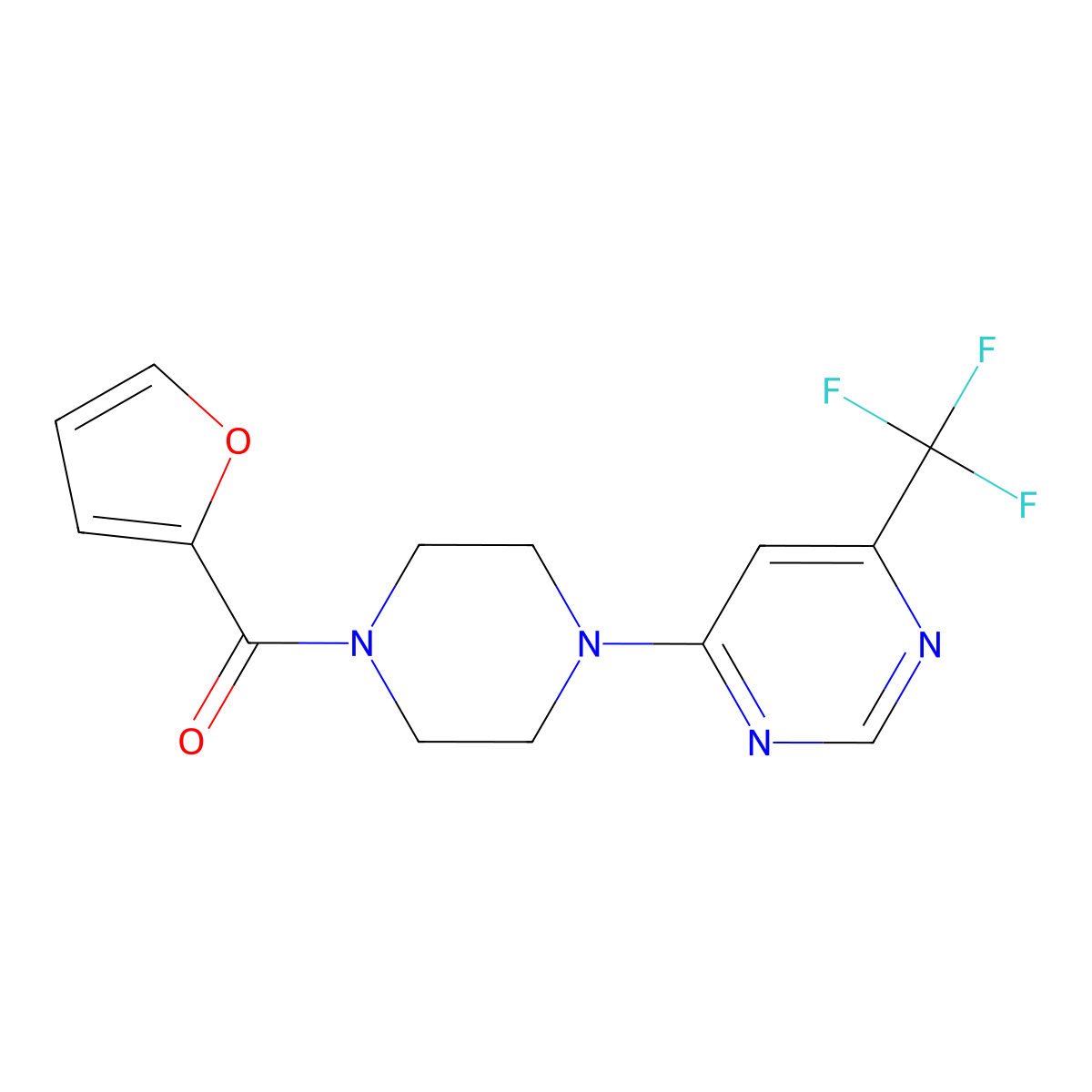Furan-2-yl(4-(6-(trifluoromethyl)pyrimidin-4-yl)piperazin-1-yl)methanone molecular structure, CAS 2034343-40-1