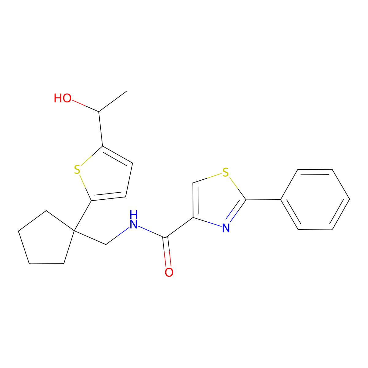 N-((1-(5-(1-hydroxyethyl)thiophen-2-yl)cyclopentyl)methyl)-2-phenylthiazole-4-carboxamide molecular structure, CAS 2034343-42-3
