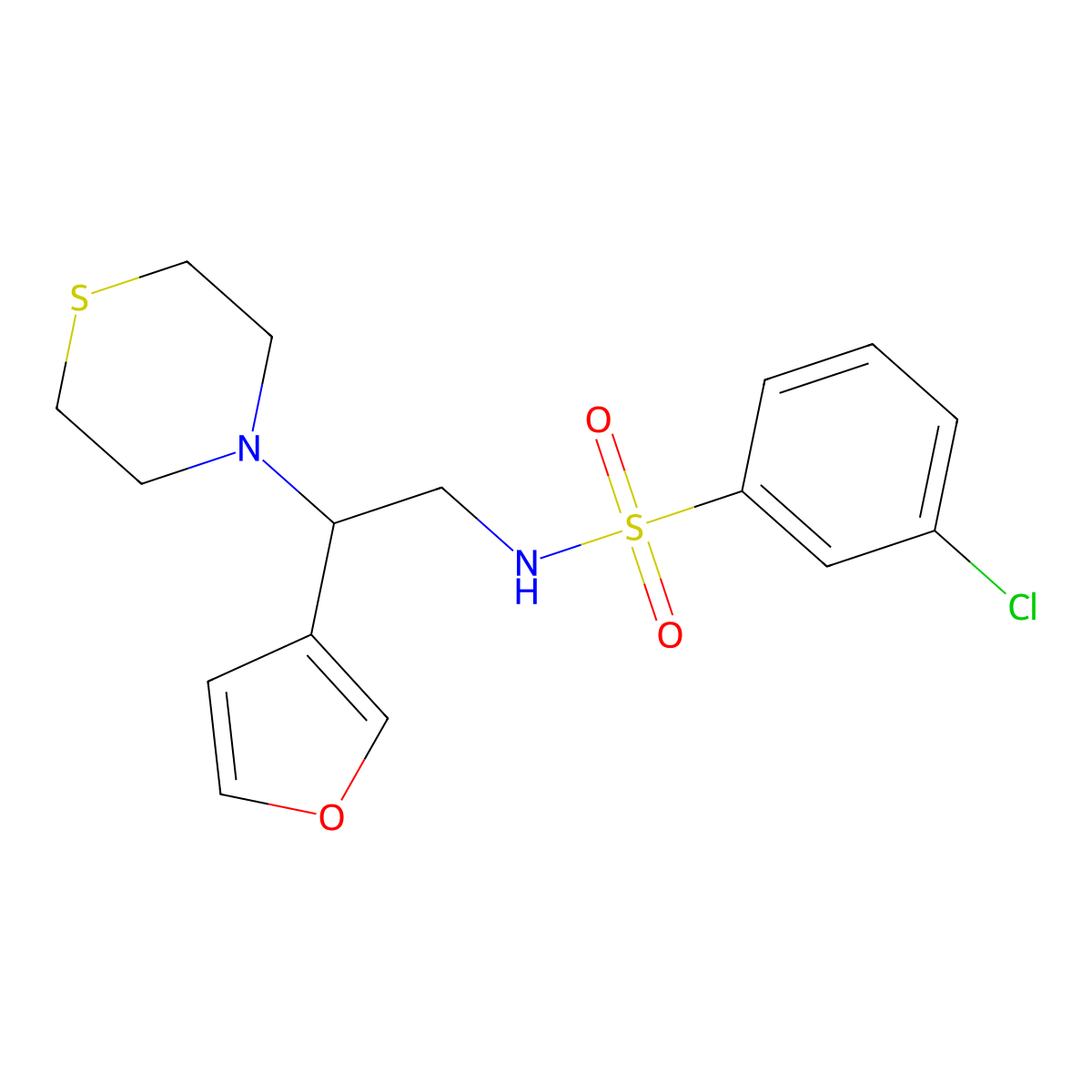 3-chloro-N-(2-(furan-3-yl)-2-thiomorpholinoethyl)benzenesulfonamide molecular structure, CAS 2034343-46-7