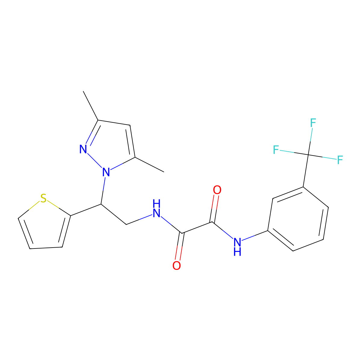 N1-(2-(3,5-dimethyl-1H-pyrazol-1-yl)-2-(thiophen-2-yl)ethyl)-N2-(3-(trifluoromethyl)phenyl)oxalamide molecular structure, CAS 2034343-49-0