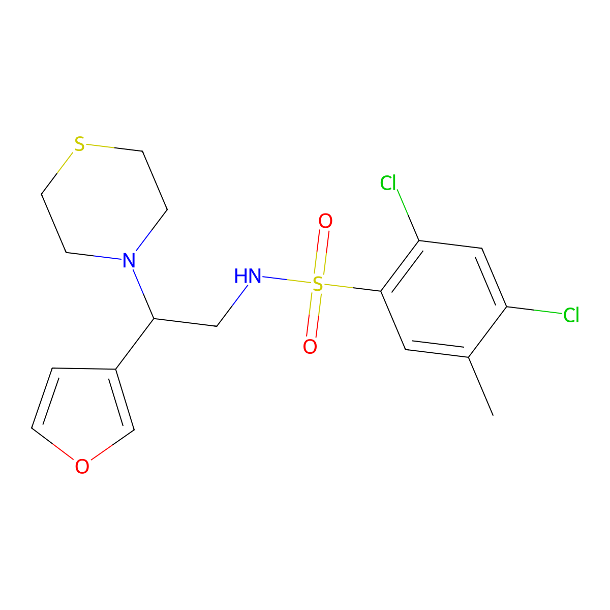 2,4-dichloro-N-(2-(furan-3-yl)-2-thiomorpholinoethyl)-5-methylbenzenesulfonamide molecular structure, CAS 2034343-54-7