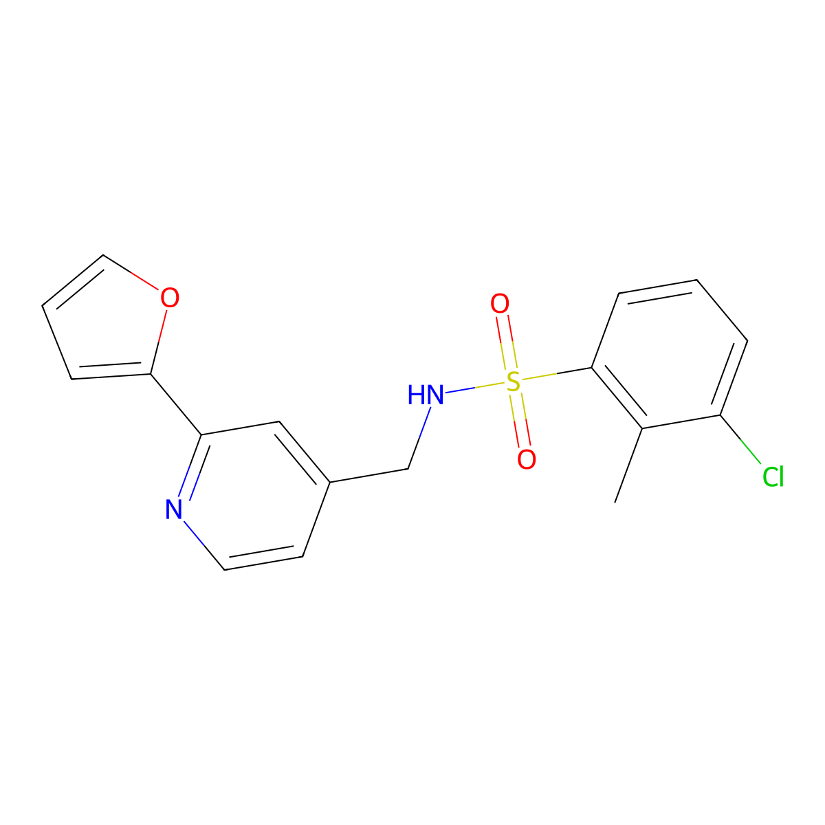 3-chloro-N-((2-(furan-2-yl)pyridin-4-yl)methyl)-2-methylbenzenesulfonamide molecular structure, CAS 2034343-62-7