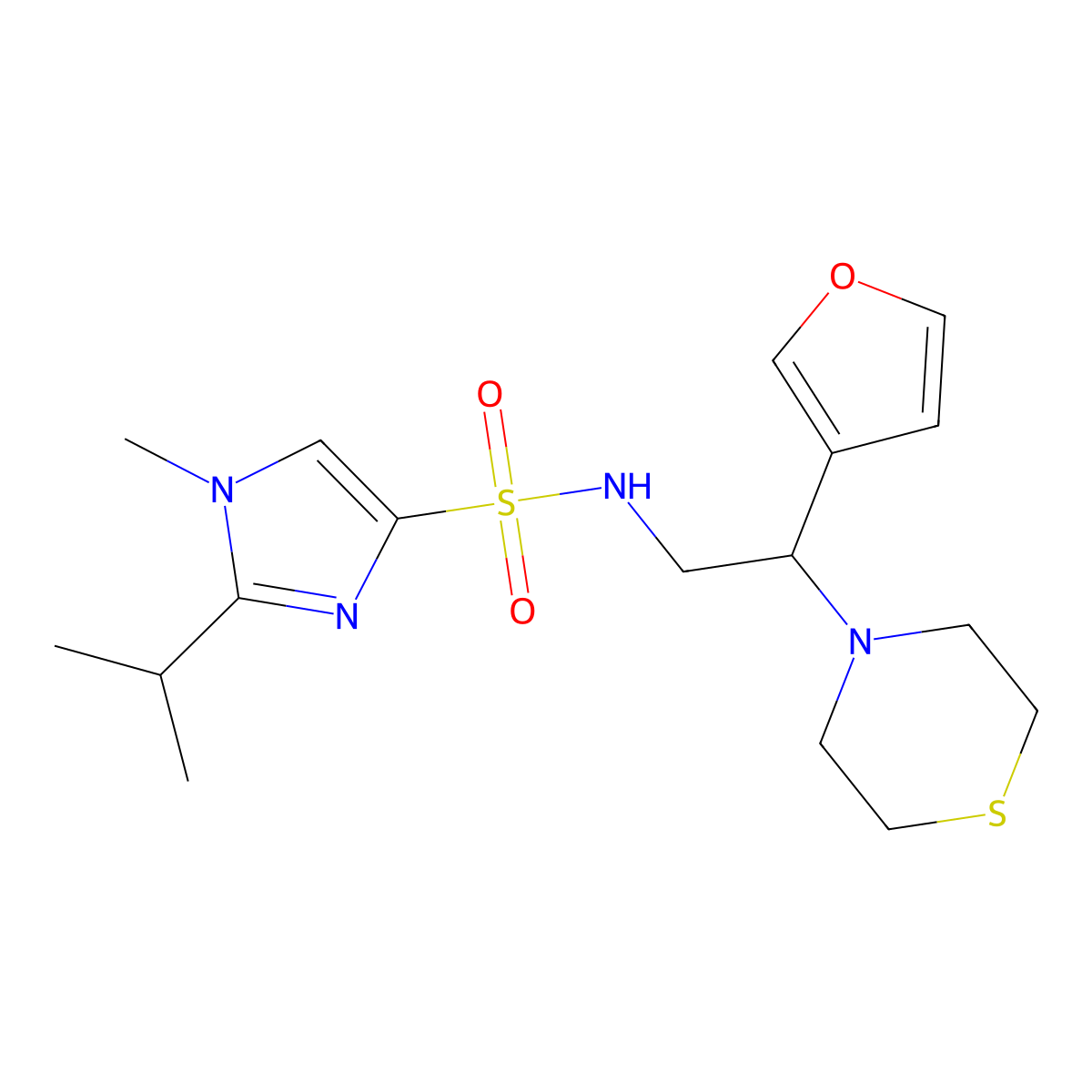 N-(2-(furan-3-yl)-2-thiomorpholinoethyl)-2-isopropyl-1-methyl-1H-imidazole-4-sulfonamide molecular structure, CAS 2034343-64-9