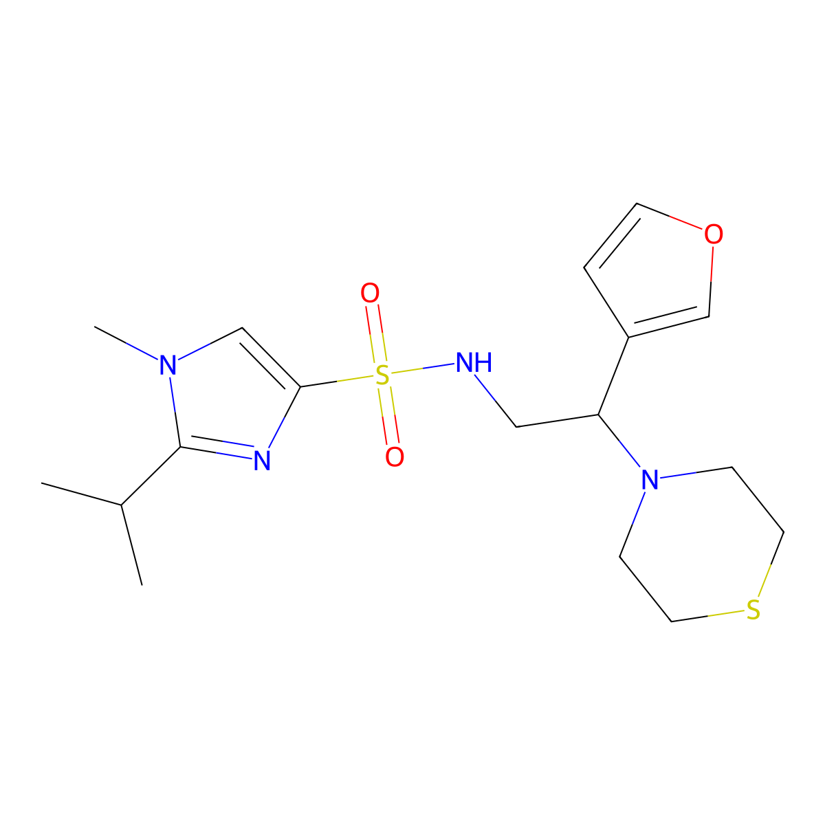 N-(2-(furan-3-yl)-2-thiomorpholinoethyl)-2-isopropyl-1-methyl-1H-imidazole-4-sulfonamide molecular structure, CAS 2034343-64-9