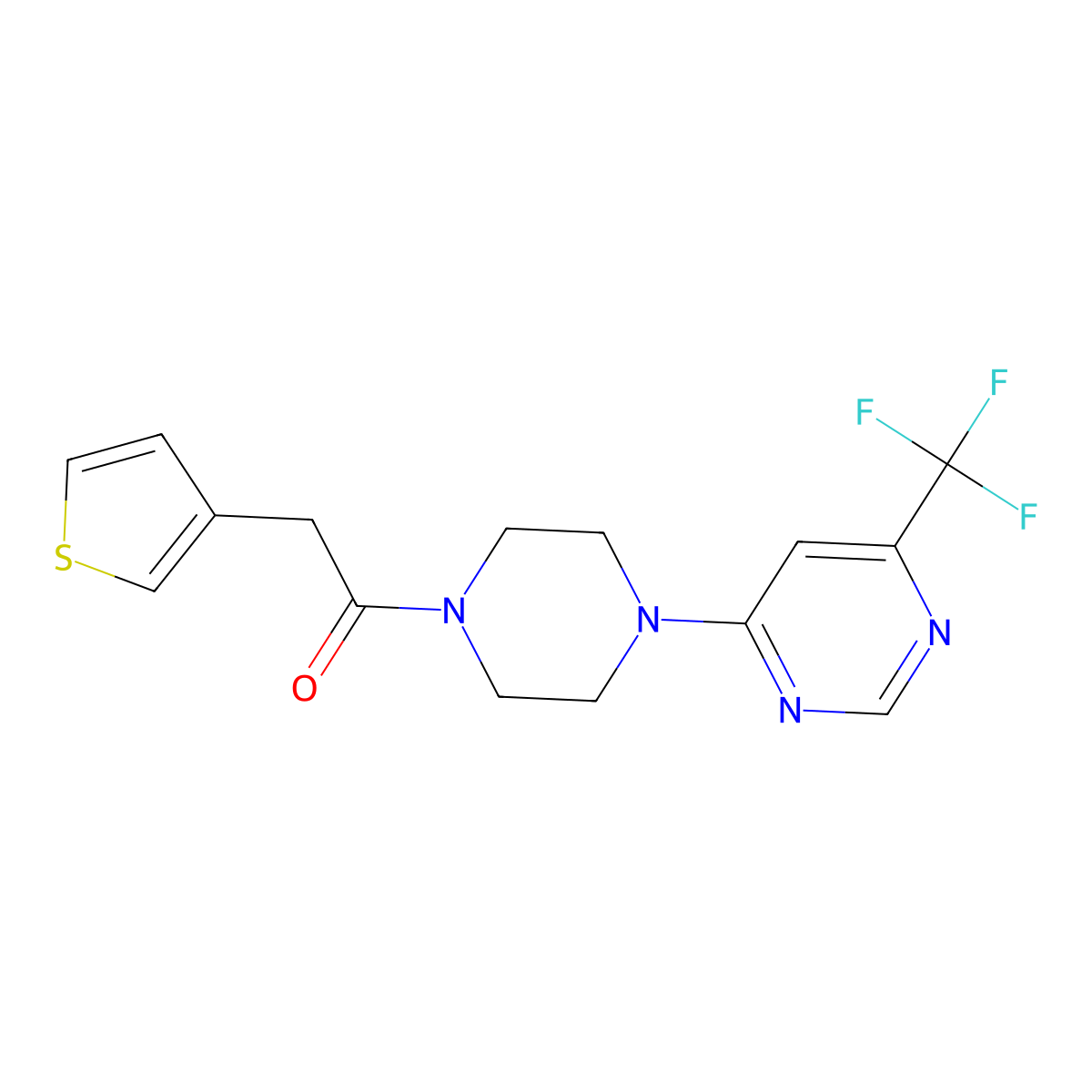 2-(Thiophen-3-yl)-1-(4-(6-(trifluoromethyl)pyrimidin-4-yl)piperazin-1-yl)ethanone molecular structure, CAS 2034343-68-3