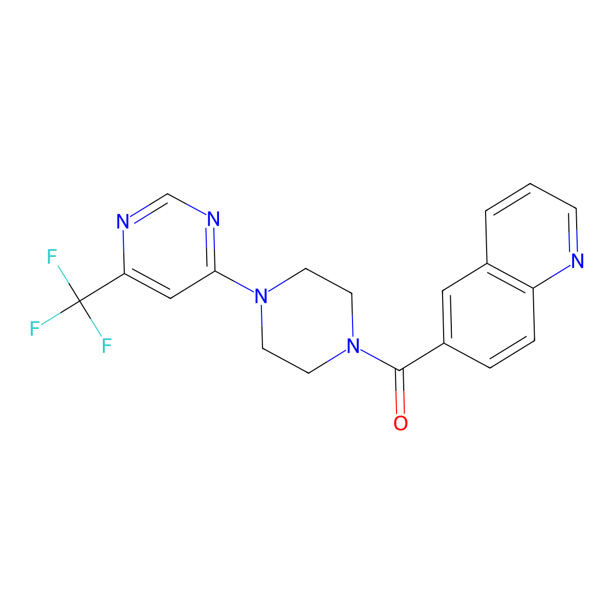 Quinolin-6-yl(4-(6-(trifluoromethyl)pyrimidin-4-yl)piperazin-1-yl)methanone molecular structure, CAS 2034343-75-2