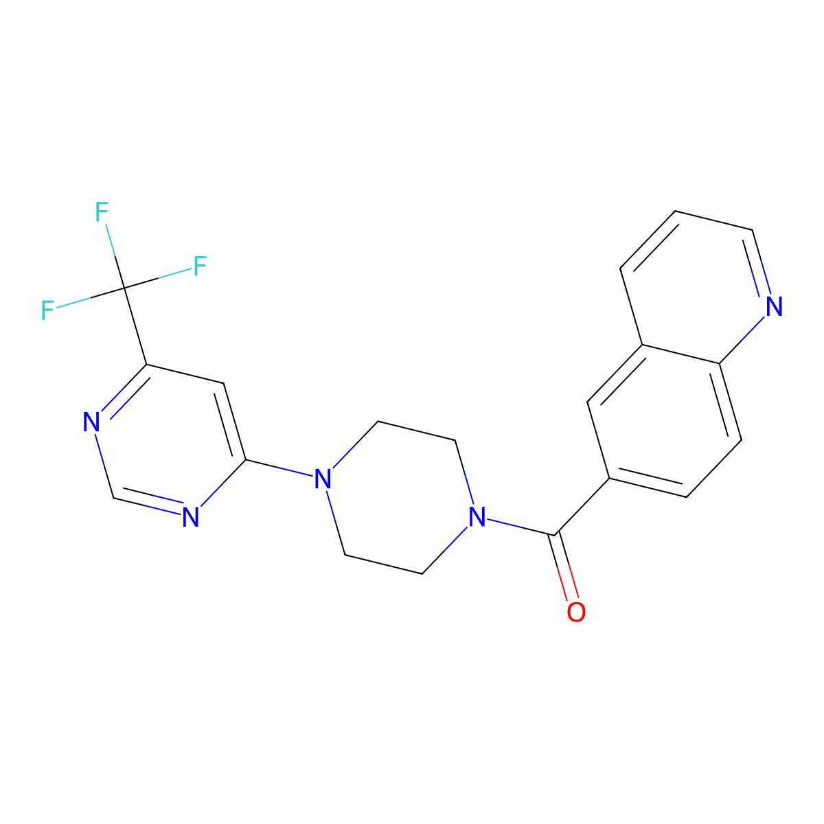 Quinolin-6-yl(4-(6-(trifluoromethyl)pyrimidin-4-yl)piperazin-1-yl)methanone molecular structure, CAS 2034343-75-2