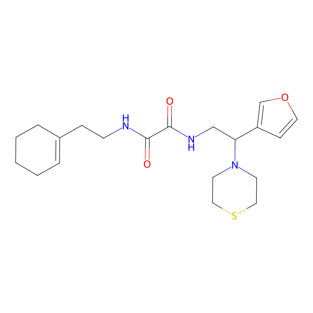 N1-(2-(cyclohex-1-en-1-yl)ethyl)-N2-(2-(furan-3-yl)-2-thiomorpholinoethyl)oxalamide molecular structure, CAS 2034343-81-0