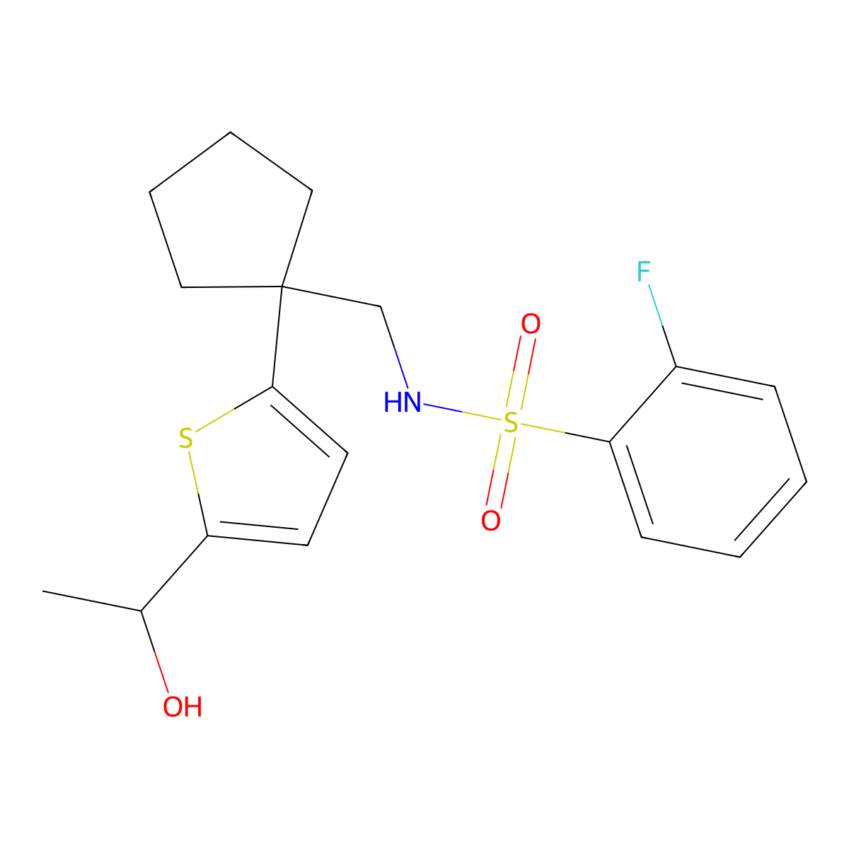 2-fluoro-N-((1-(5-(1-hydroxyethyl)thiophen-2-yl)cyclopentyl)methyl)benzenesulfonamide molecular structure, CAS 2034343-83-2