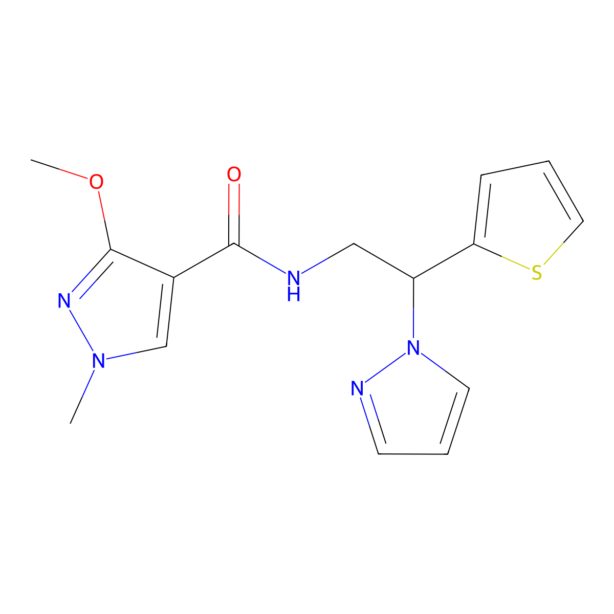 3-methoxy-1-methyl-N-[2-(1H-pyrazol-1-yl)-2-(thiophen-2-yl)ethyl]-1H-pyrazole-4-carboxamide molecular structure, CAS 2034343-87-6