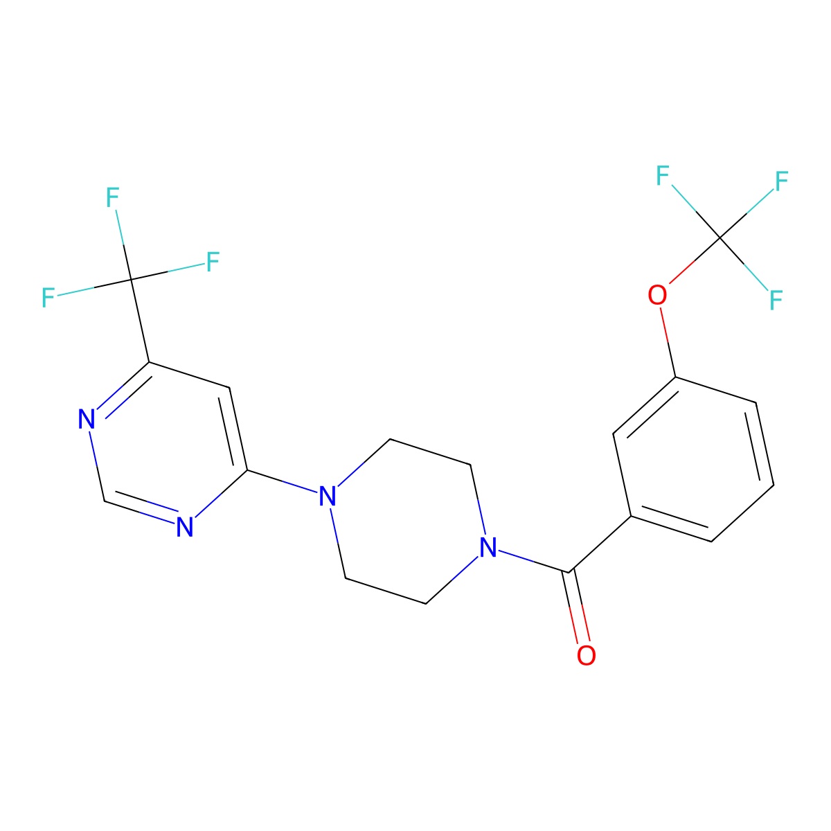 (3-(Trifluoromethoxy)phenyl)(4-(6-(trifluoromethyl)pyrimidin-4-yl)piperazin-1-yl)methanone molecular structure, CAS 2034343-90-1
