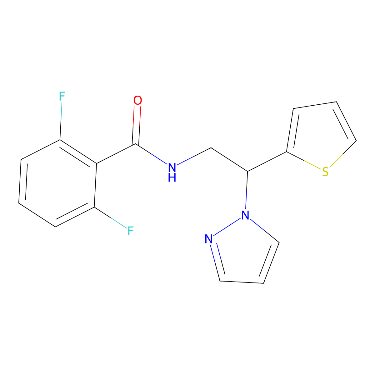 N-(2-(1H-pyrazol-1-yl)-2-(thiophen-2-yl)ethyl)-2,6-difluorobenzamide molecular structure, CAS 2034343-95-6