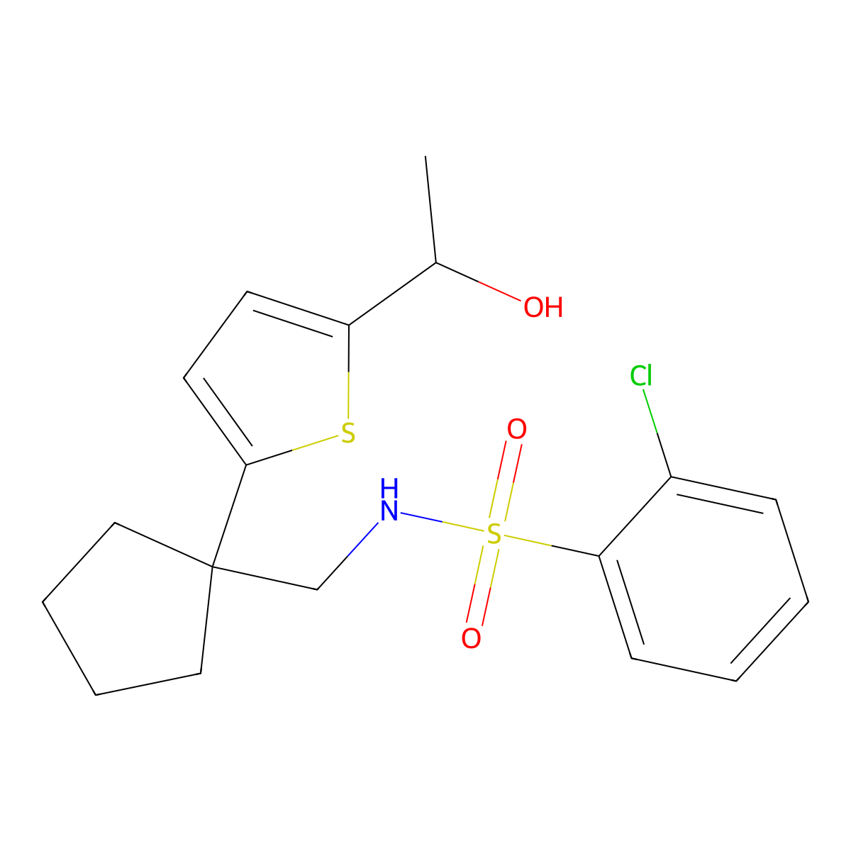 2-chloro-N-((1-(5-(1-hydroxyethyl)thiophen-2-yl)cyclopentyl)methyl)benzenesulfonamide molecular structure, CAS 2034343-98-9