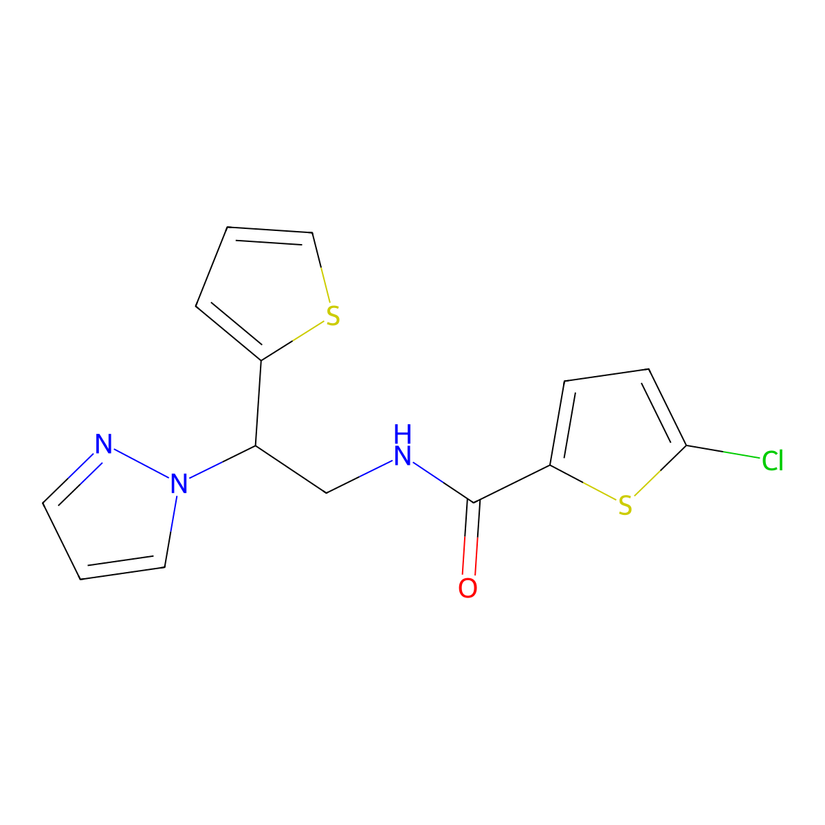N-(2-(1H-pyrazol-1-yl)-2-(thiophen-2-yl)ethyl)-5-chlorothiophene-2-carboxamide molecular structure, CAS 2034344-05-1