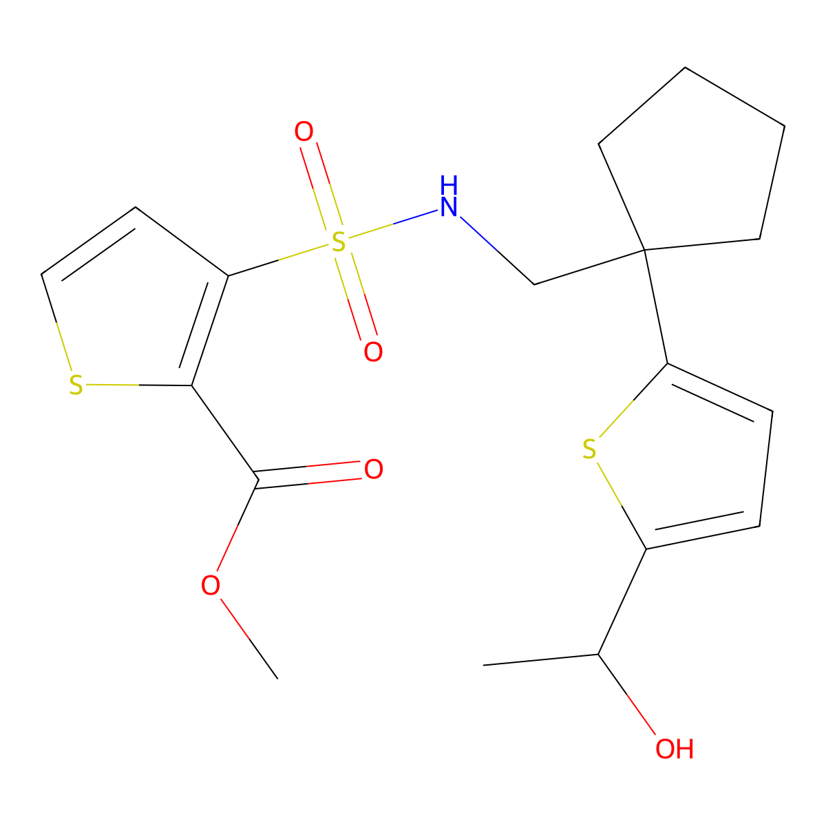 methyl 3-(N-((1-(5-(1-hydroxyethyl)thiophen-2-yl)cyclopentyl)methyl)sulfamoyl)thiophene-2-carboxylate molecular structure, CAS 2034344-07-3