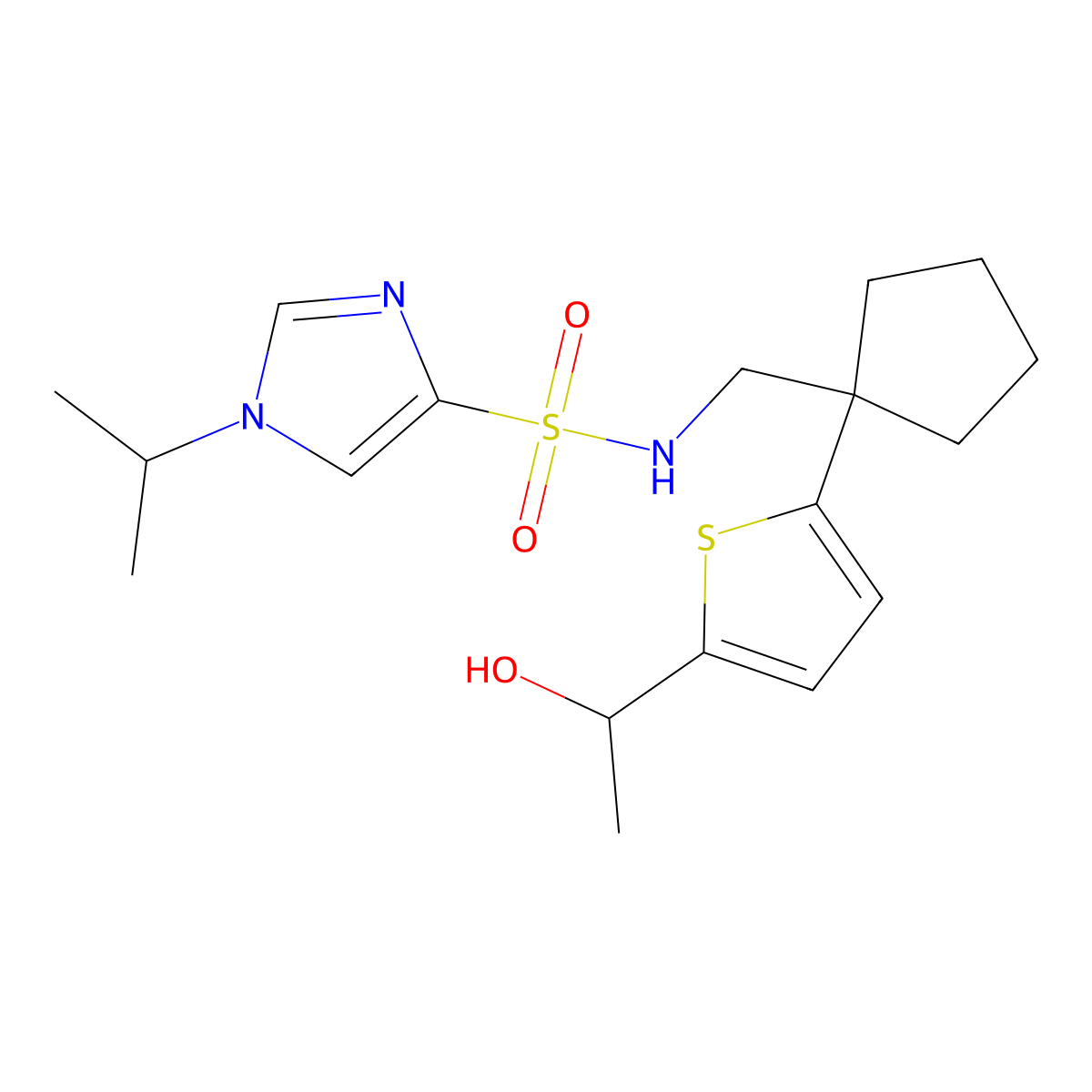 N-((1-(5-(1-hydroxyethyl)thiophen-2-yl)cyclopentyl)methyl)-1-isopropyl-1H-imidazole-4-sulfonamide molecular structure, CAS 2034344-13-1