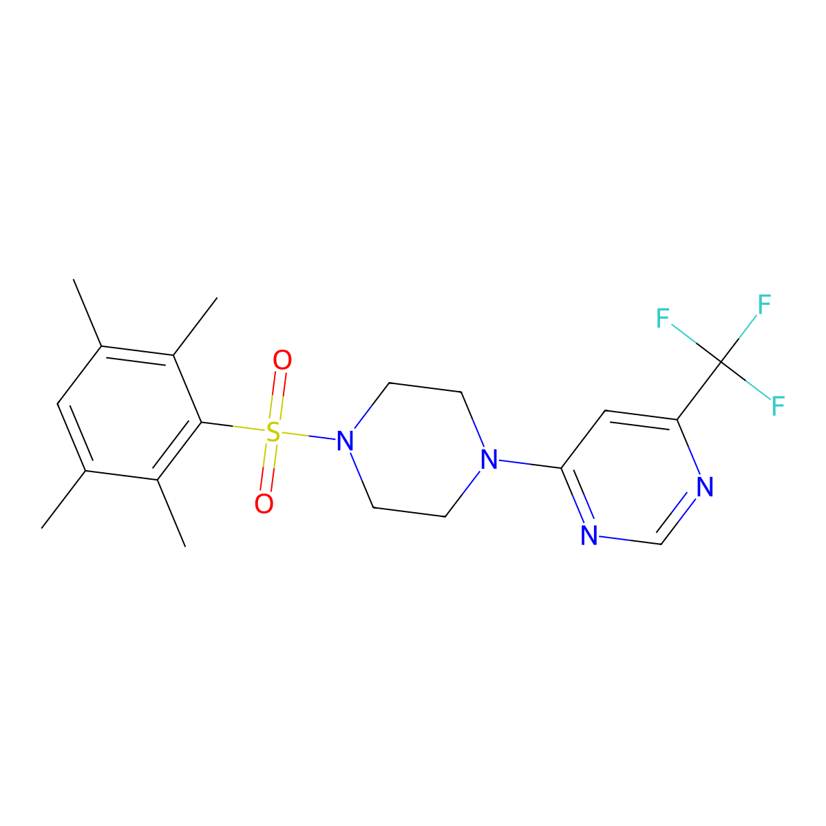 4-(4-((2,3,5,6-Tetramethylphenyl)sulfonyl)piperazin-1-yl)-6-(trifluoromethyl)pyrimidine molecular structure, CAS 2034344-14-2