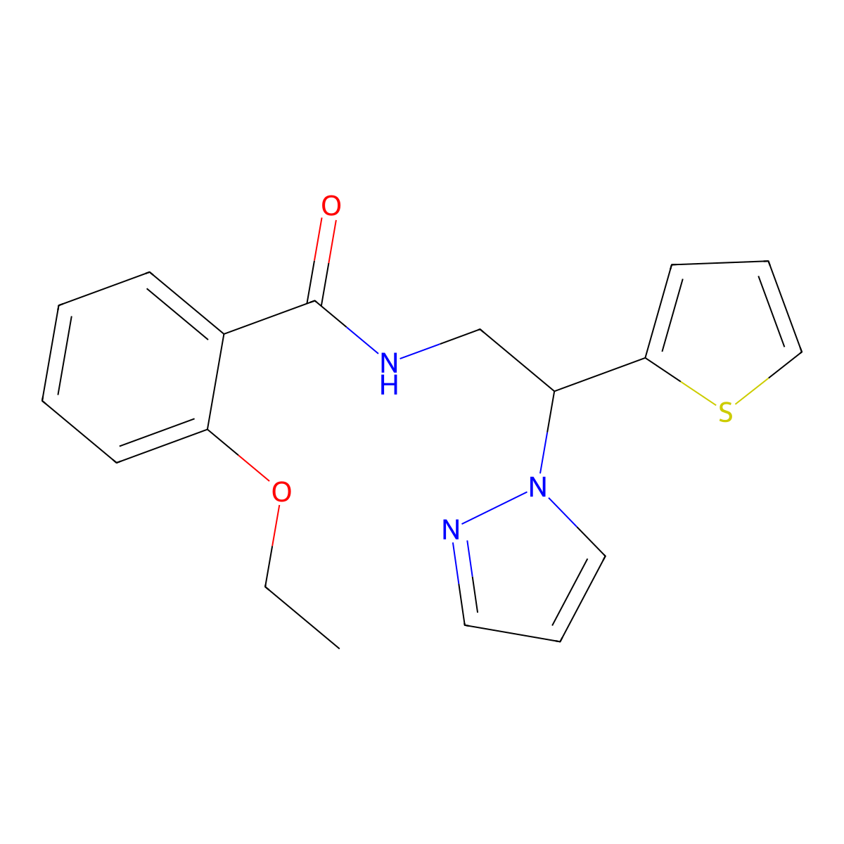 N-(2-(1H-pyrazol-1-yl)-2-(thiophen-2-yl)ethyl)-2-ethoxybenzamide molecular structure, CAS 2034344-15-3