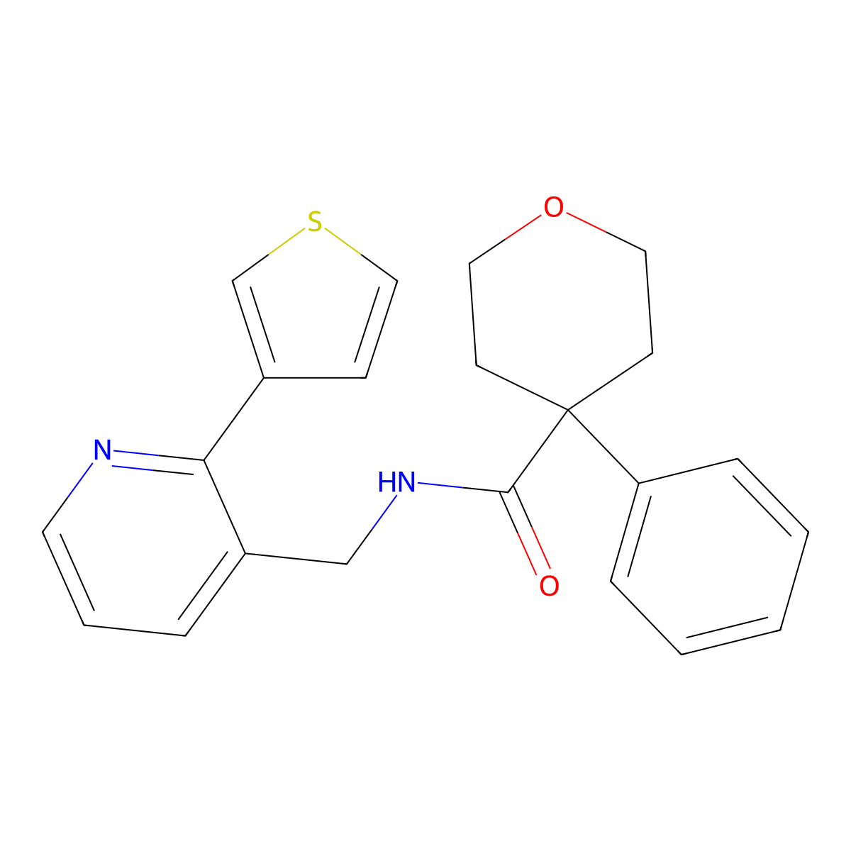 4-phenyl-N-((2-(thiophen-3-yl)pyridin-3-yl)methyl)tetrahydro-2H-pyran-4-carboxamide molecular structure, CAS 2034344-18-6