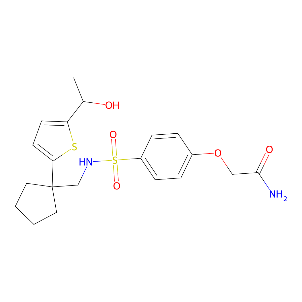 2-(4-(N-((1-(5-(1-hydroxyethyl)thiophen-2-yl)cyclopentyl)methyl)sulfamoyl)phenoxy)acetamide molecular structure, CAS 2034344-21-1