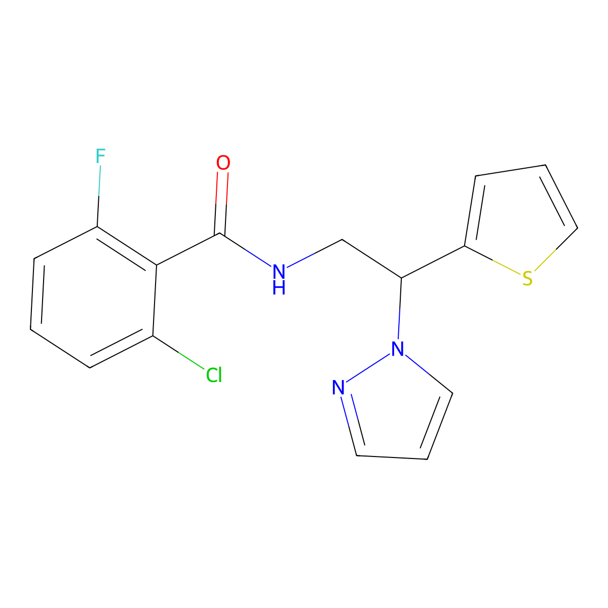 N-(2-(1H-pyrazol-1-yl)-2-(thiophen-2-yl)ethyl)-2-chloro-6-fluorobenzamide molecular structure, CAS 2034344-25-5