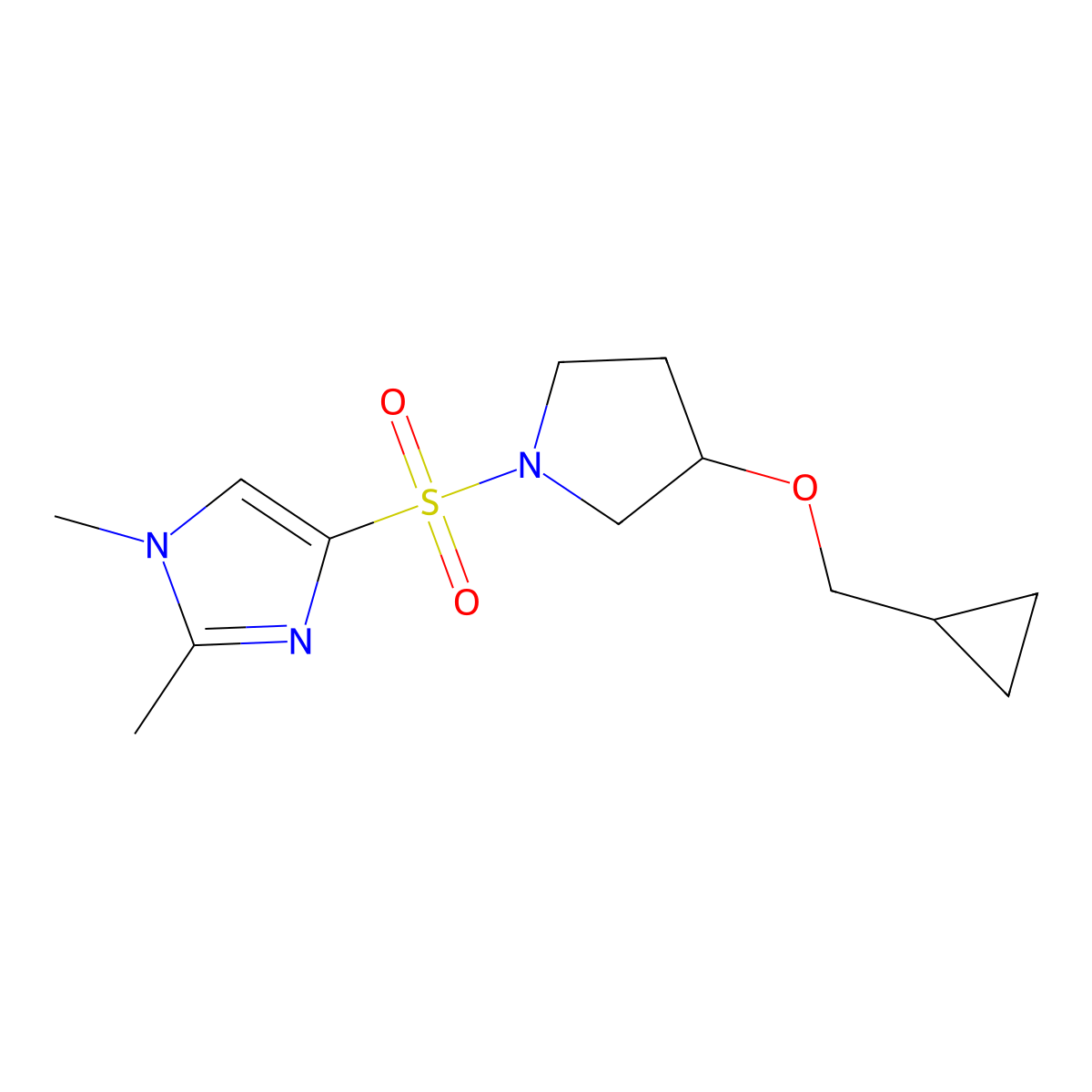 4-{[3-(cyclopropylmethoxy)pyrrolidin-1-yl]sulfonyl}-1,2-dimethyl-1H-imidazole molecular structure, CAS 2034344-27-7