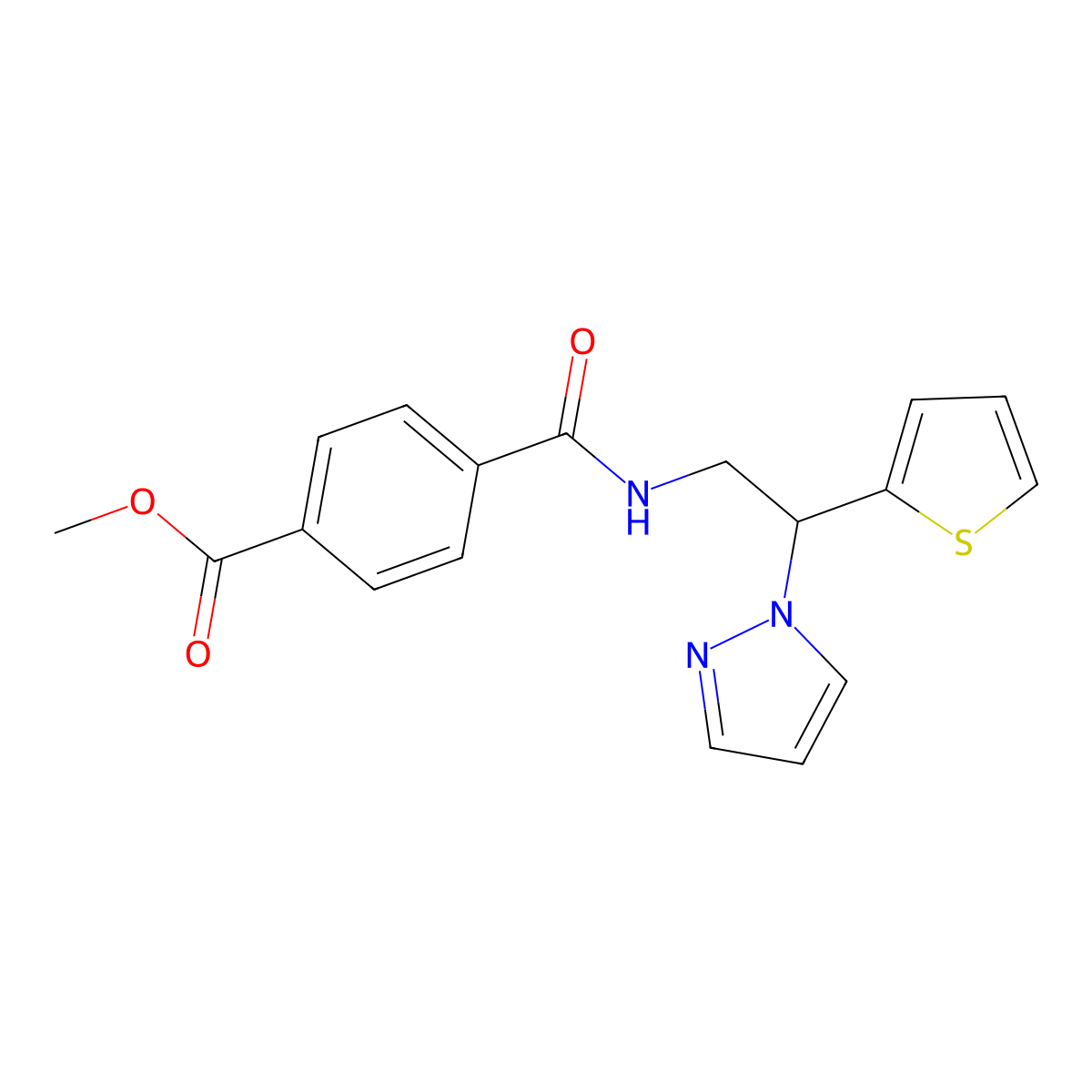 methyl 4-{[2-(1H-pyrazol-1-yl)-2-(thiophen-2-yl)ethyl]carbamoyl}benzoate molecular structure, CAS 2034344-35-7