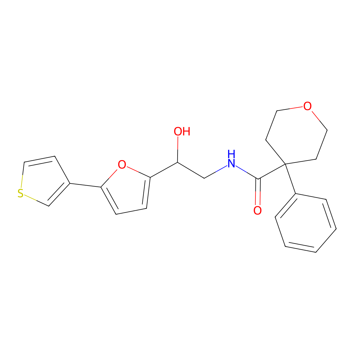 N-(2-hydroxy-2-(5-(thiophen-3-yl)furan-2-yl)ethyl)-4-phenyltetrahydro-2H-pyran-4-carboxamide molecular structure, CAS 2034344-37-9