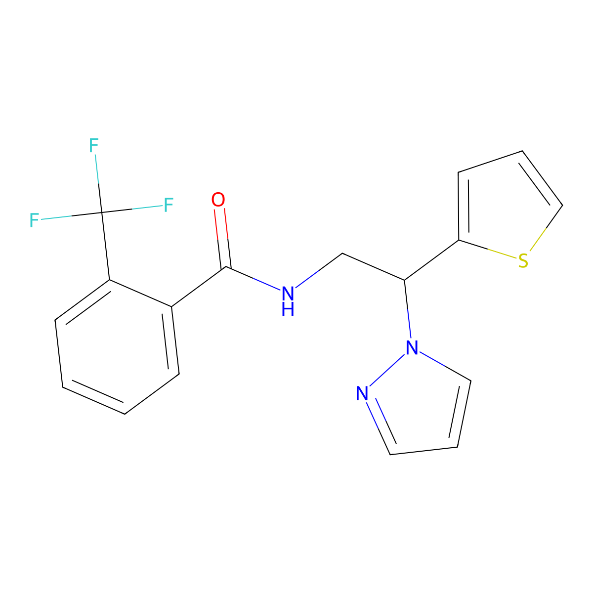 N-(2-(1H-pyrazol-1-yl)-2-(thiophen-2-yl)ethyl)-2-(trifluoromethyl)benzamide molecular structure, CAS 2034344-43-7