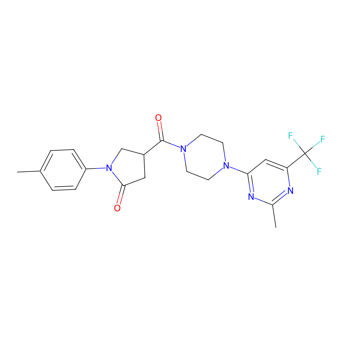 4-(4-(2-Methyl-6-(trifluoromethyl)pyrimidin-4-yl)piperazine-1-carbonyl)-1-(p-tolyl)pyrrolidin-2-one molecular structure, CAS 2034344-45-9