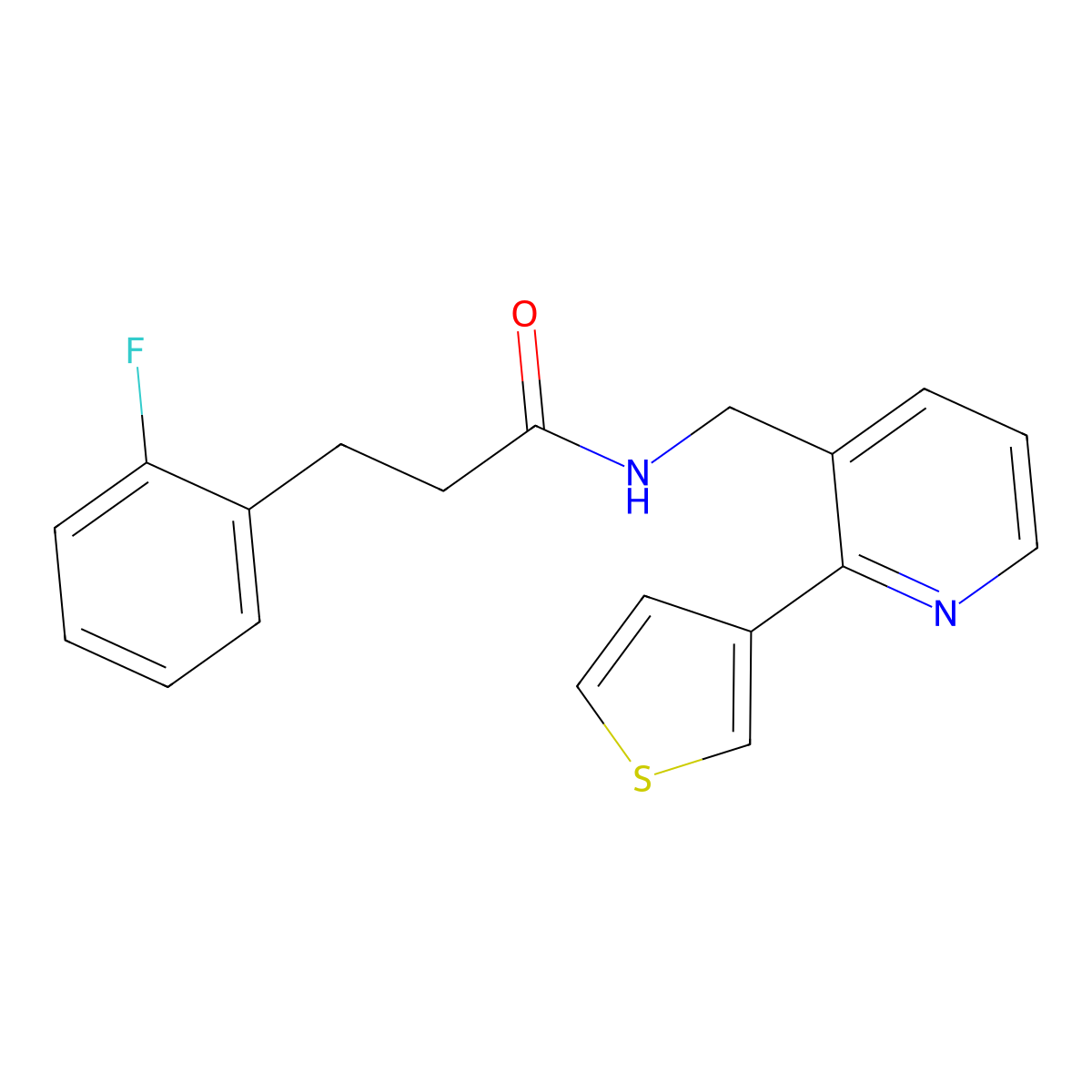 3-(2-fluorophenyl)-N-{[2-(thiophen-3-yl)pyridin-3-yl]methyl}propanamide molecular structure, CAS 2034344-46-0