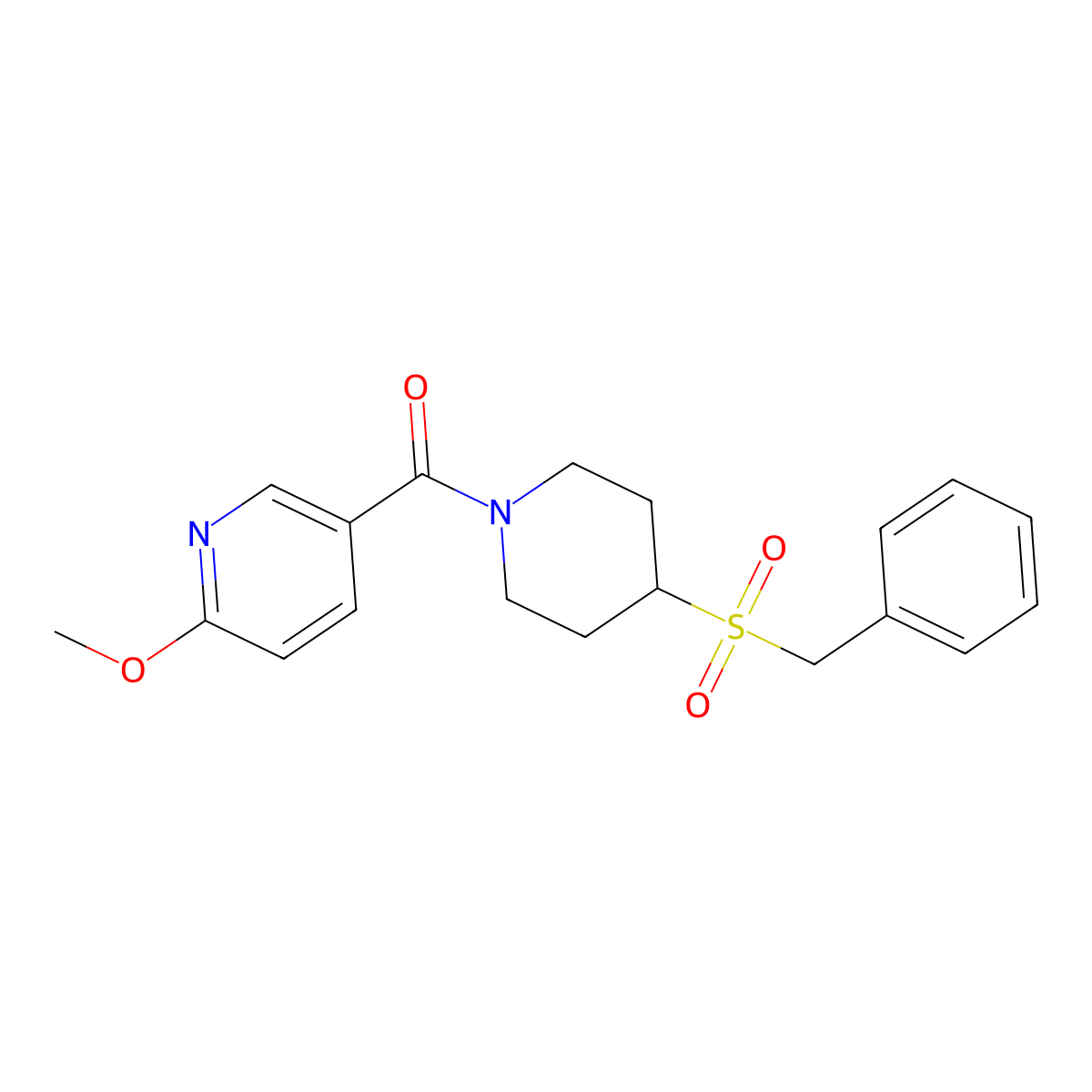 (4-(Benzylsulfonyl)piperidin-1-yl)(6-methoxypyridin-3-yl)methanone molecular structure, CAS 2034344-48-2