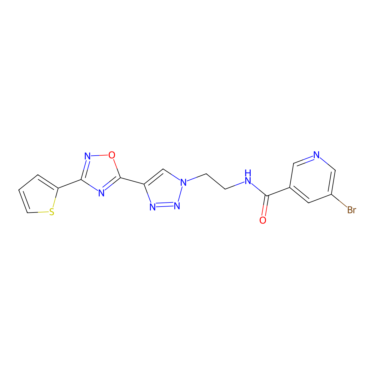 5-bromo-N-(2-(4-(3-(thiophen-2-yl)-1,2,4-oxadiazol-5-yl)-1H-1,2,3-triazol-1-yl)ethyl)nicotinamide molecular structure, CAS 2034344-49-3
