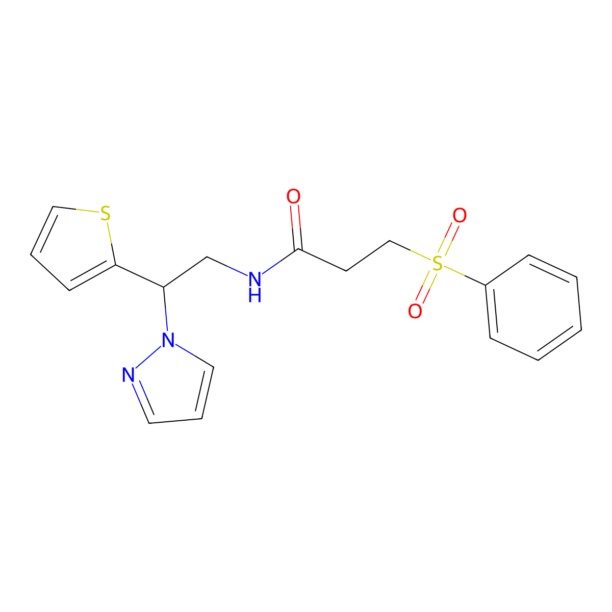 N-(2-(1H-pyrazol-1-yl)-2-(thiophen-2-yl)ethyl)-3-(phenylsulfonyl)propanamide molecular structure, CAS 2034344-51-7