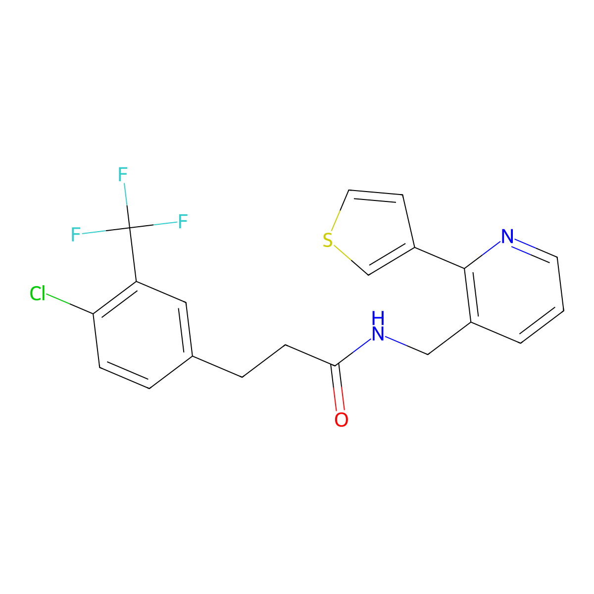 3-(4-chloro-3-(trifluoromethyl)phenyl)-N-((2-(thiophen-3-yl)pyridin-3-yl)methyl)propanamide molecular structure, CAS 2034344-52-8
