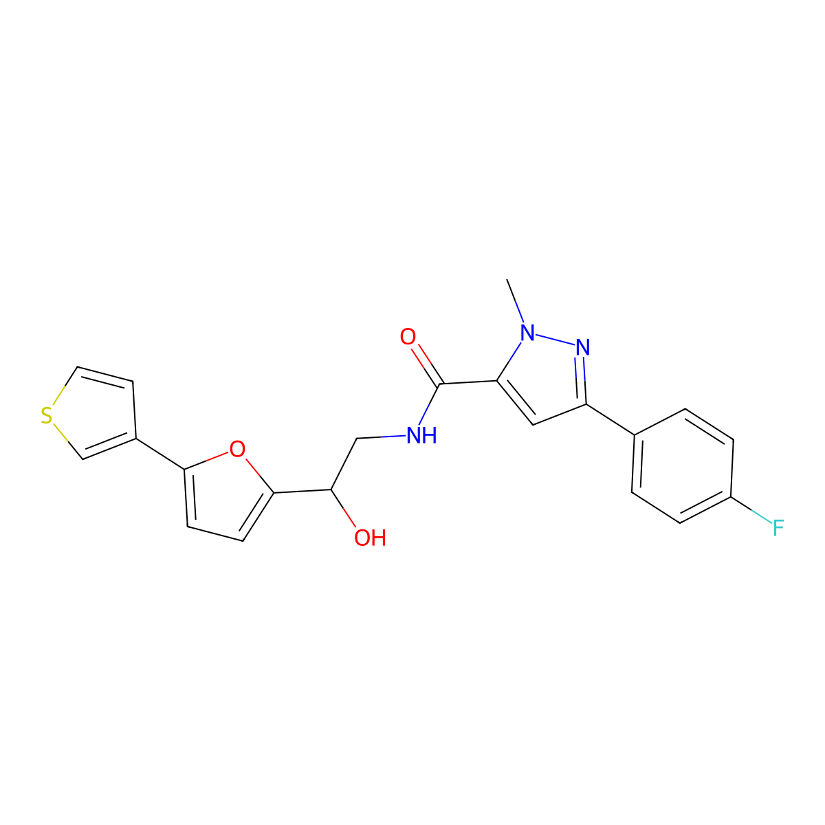 3-(4-fluorophenyl)-N-{2-hydroxy-2-[5-(thiophen-3-yl)furan-2-yl]ethyl}-1-methyl-1H-pyrazole-5-carboxamide molecular structure, CAS 2034344-54-0