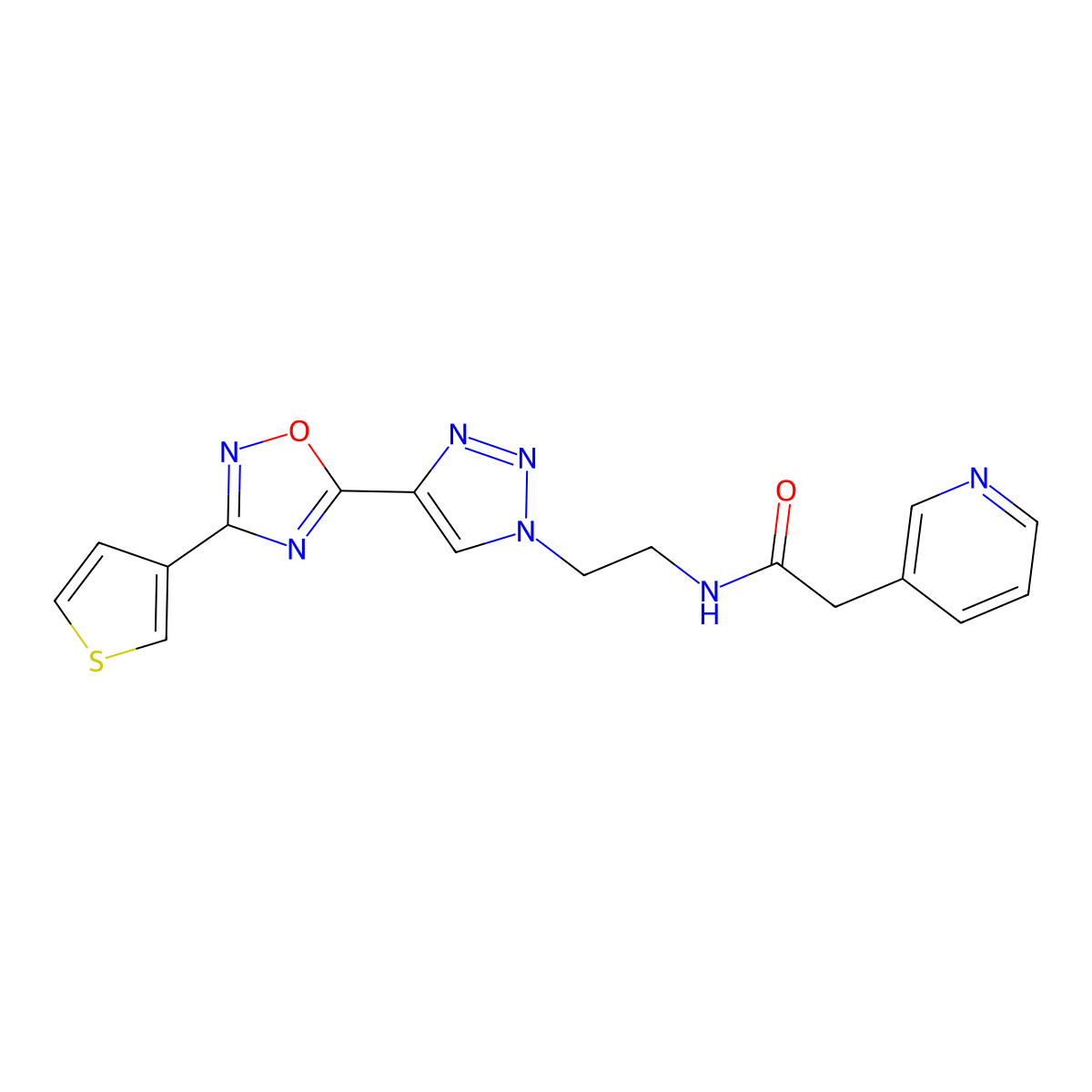 2-(pyridin-3-yl)-N-(2-{4-[3-(thiophen-3-yl)-1,2,4-oxadiazol-5-yl]-1H-1,2,3-triazol-1-yl}ethyl)acetamide molecular structure, CAS 2034344-56-2