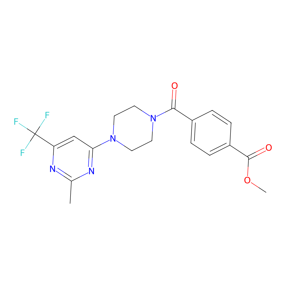 Methyl 4-{4-[2-methyl-6-(trifluoromethyl)pyrimidin-4-yl]piperazine-1-carbonyl}benzoate molecular structure, CAS 2034344-57-3