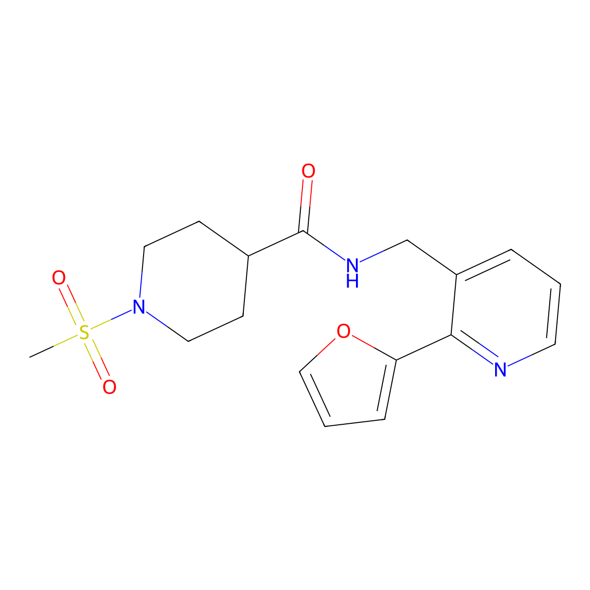 N-((2-(furan-2-yl)pyridin-3-yl)methyl)-1-(methylsulfonyl)piperidine-4-carboxamide molecular structure, CAS 2034344-60-8