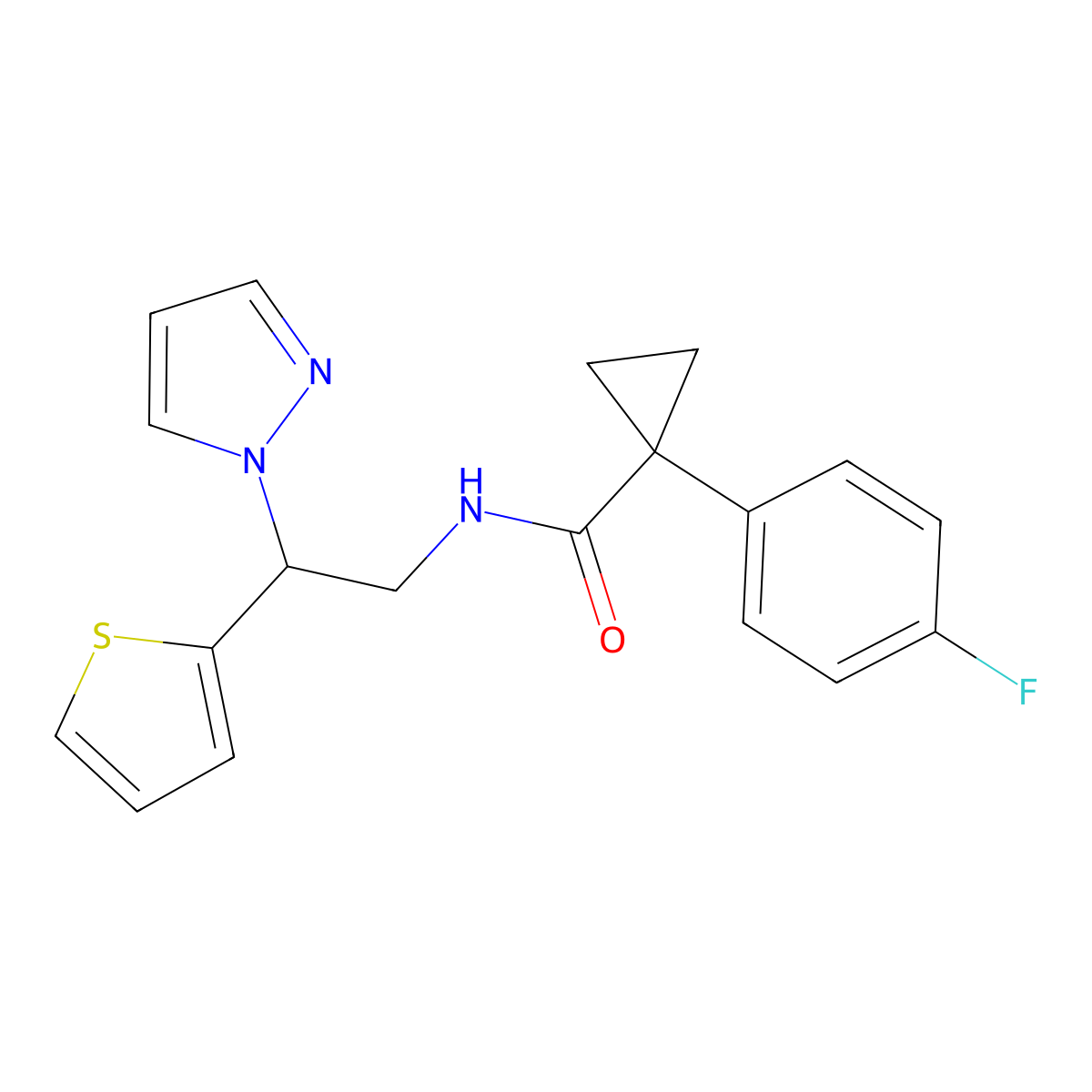 1-(4-fluorophenyl)-N-[2-(1H-pyrazol-1-yl)-2-(thiophen-2-yl)ethyl]cyclopropane-1-carboxamide molecular structure, CAS 2034344-63-1