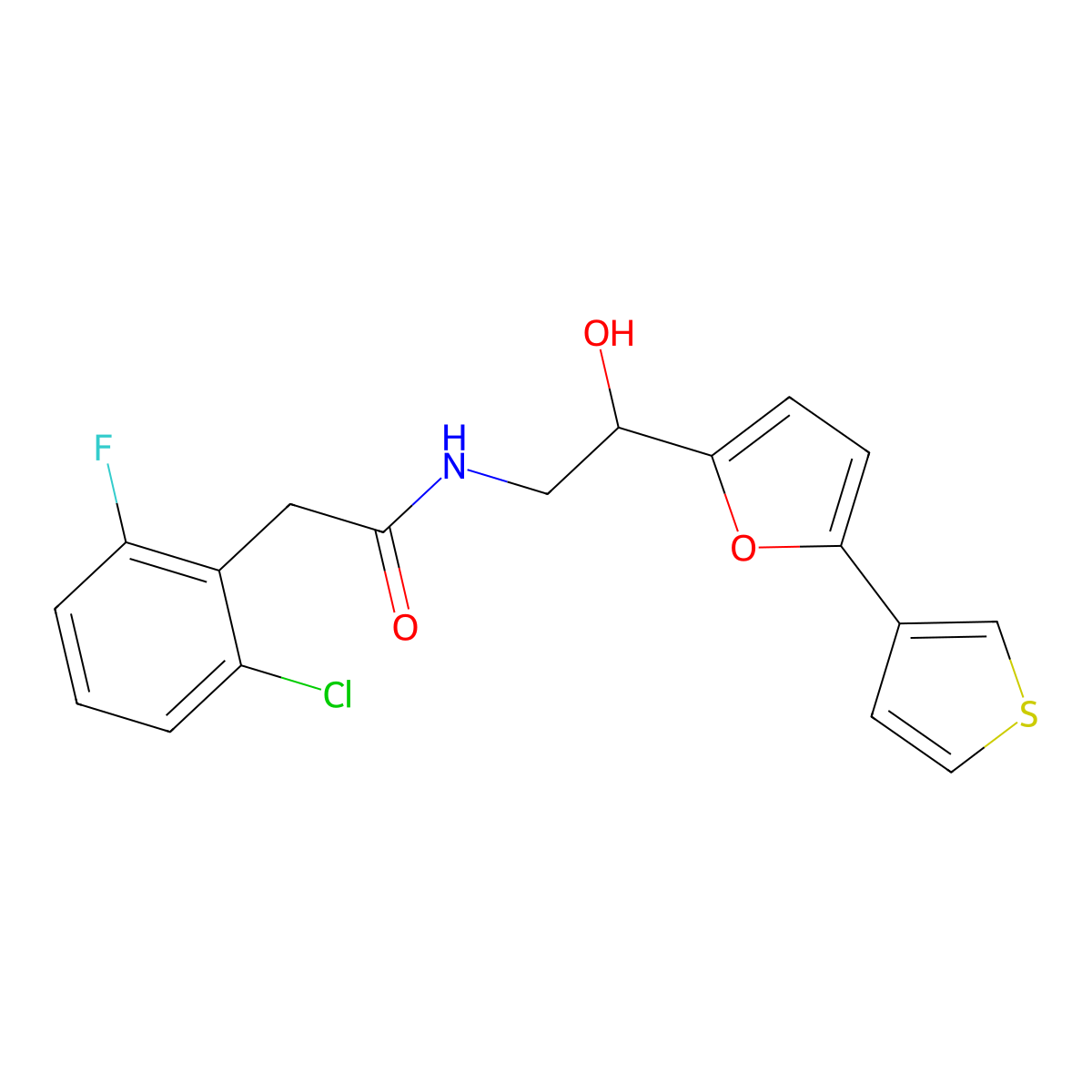 2-(2-chloro-6-fluorophenyl)-N-(2-hydroxy-2-(5-(thiophen-3-yl)furan-2-yl)ethyl)acetamide molecular structure, CAS 2034344-64-2