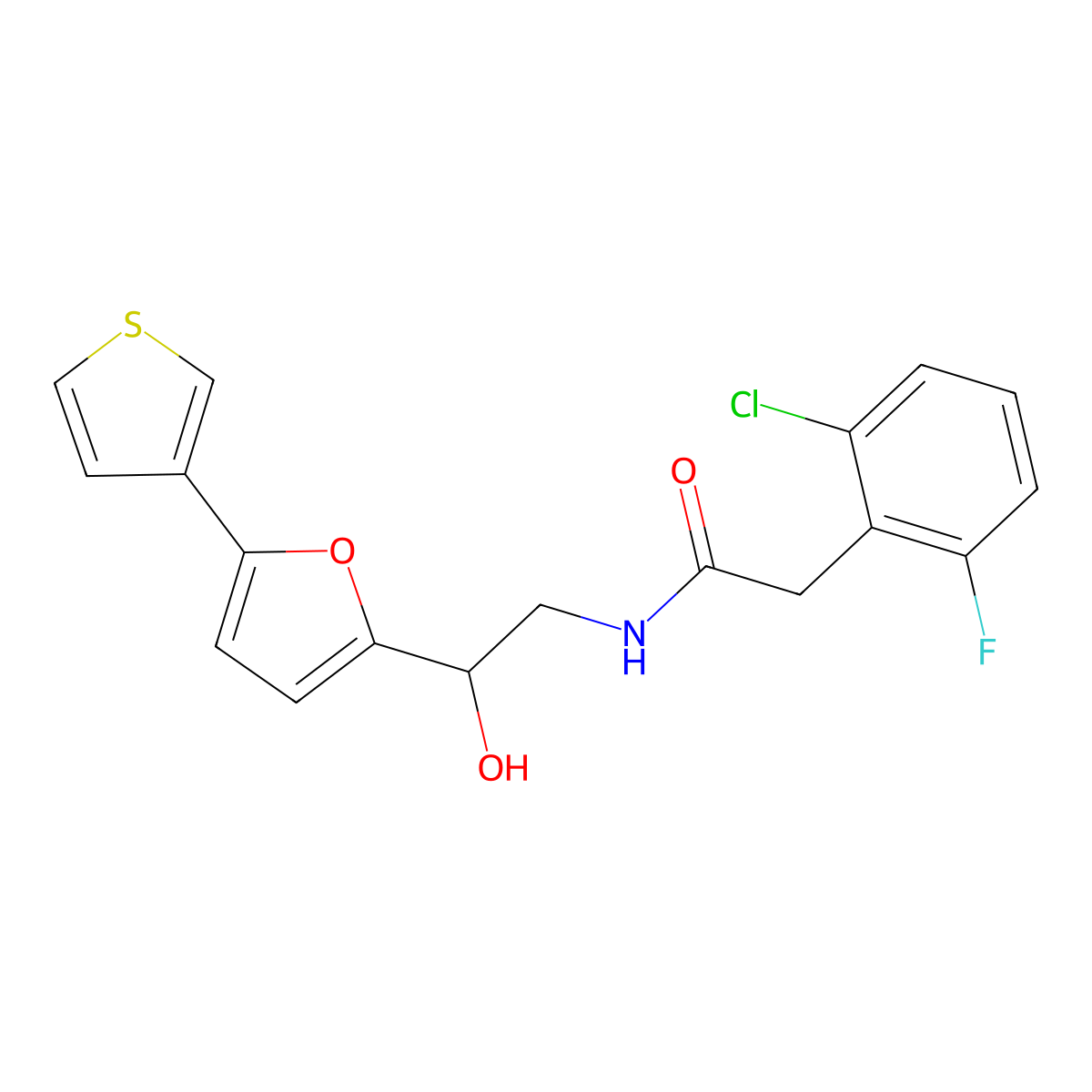 2-(2-chloro-6-fluorophenyl)-N-(2-hydroxy-2-(5-(thiophen-3-yl)furan-2-yl)ethyl)acetamide molecular structure, CAS 2034344-64-2