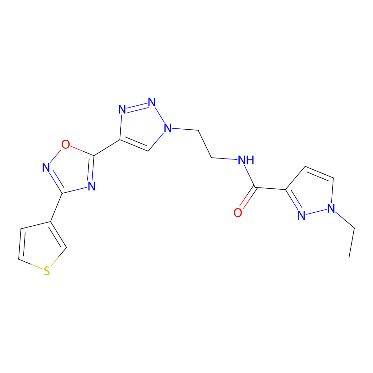 1-ethyl-N-(2-{4-[3-(thiophen-3-yl)-1,2,4-oxadiazol-5-yl]-1H-1,2,3-triazol-1-yl}ethyl)-1H-pyrazole-3-carboxamide molecular structure, CAS 2034344-66-4
