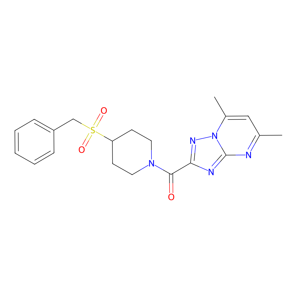 (4-(Benzylsulfonyl)piperidin-1-yl)(5,7-dimethyl-[1,2,4]triazolo[1,5-a]pyrimidin-2-yl)methanone molecular structure, CAS 2034344-69-7