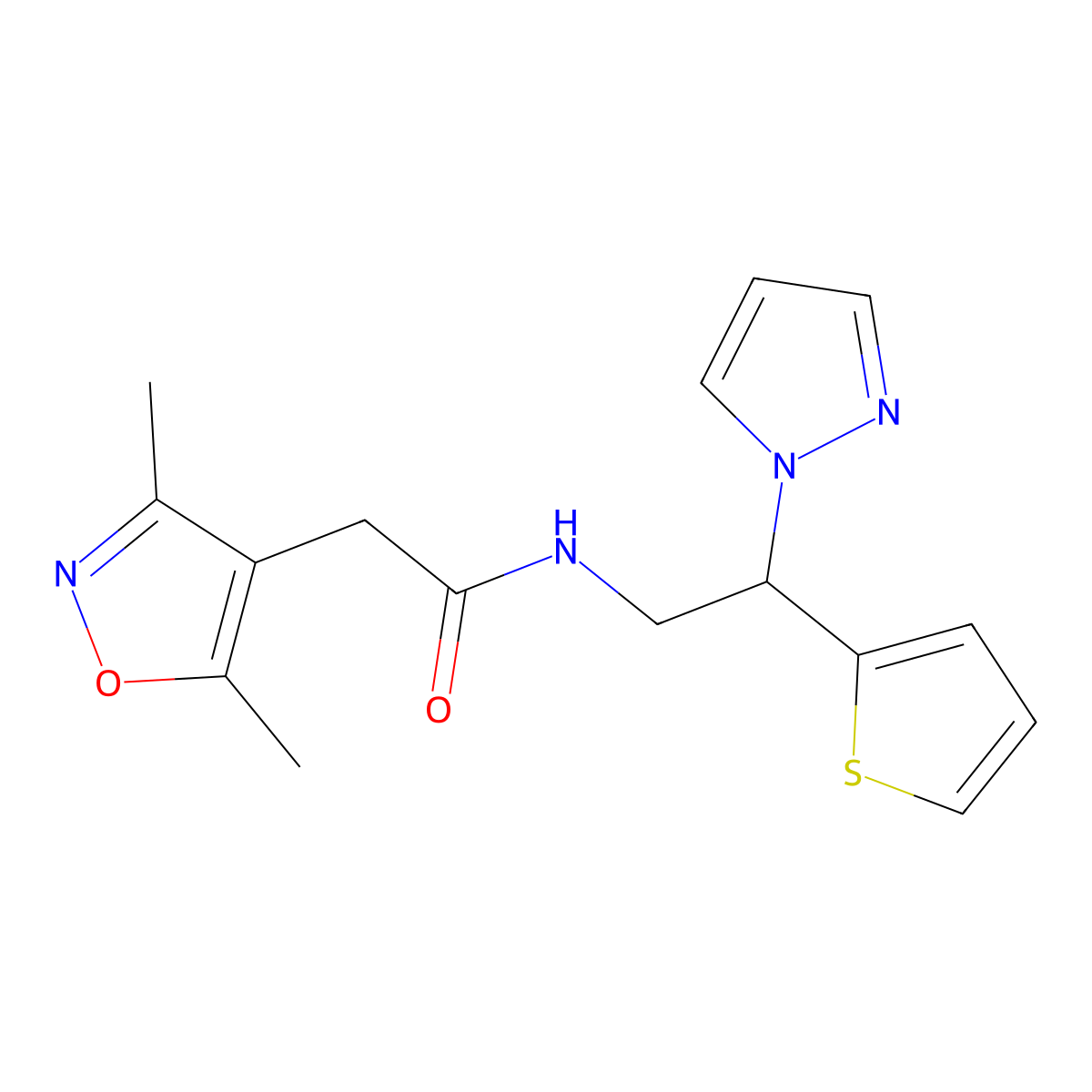 N-(2-(1H-pyrazol-1-yl)-2-(thiophen-2-yl)ethyl)-2-(3,5-dimethylisoxazol-4-yl)acetamide molecular structure, CAS 2034344-70-0